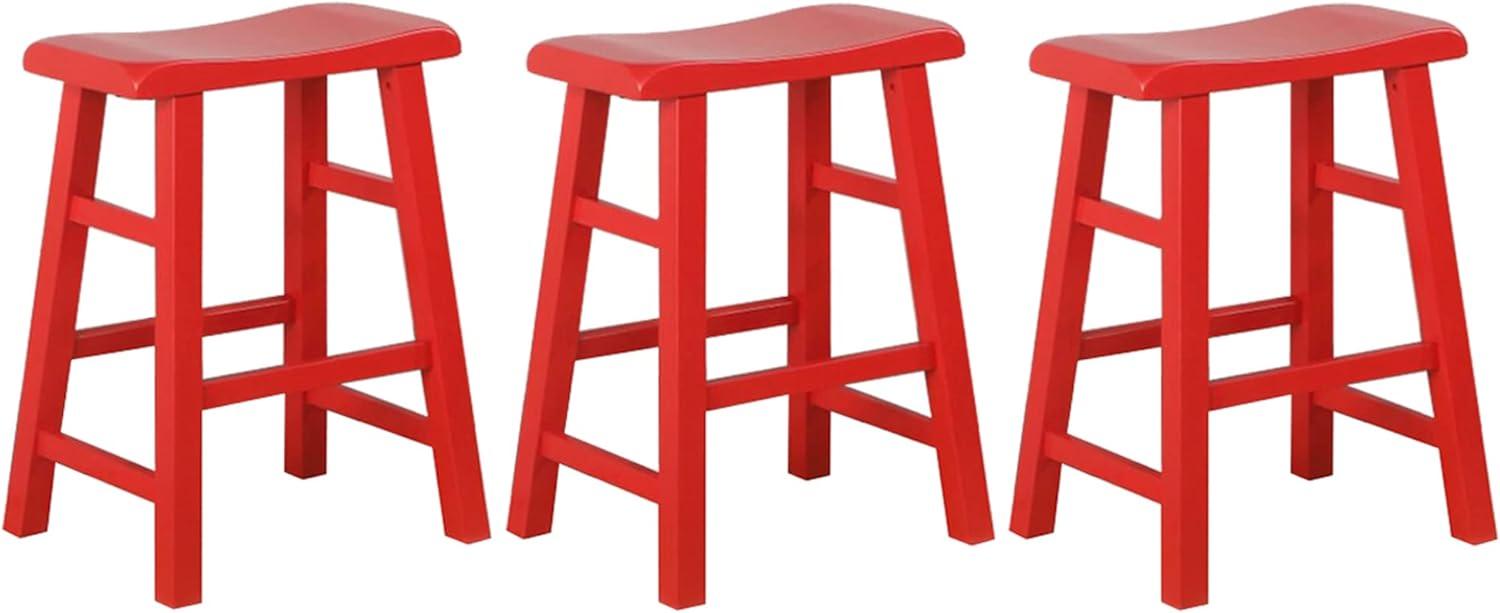 eHemco Heavy-Duty Solid Wood Saddle Seat Kitchen Counter Height Barstools, 24 Inches, Red, Set of 3