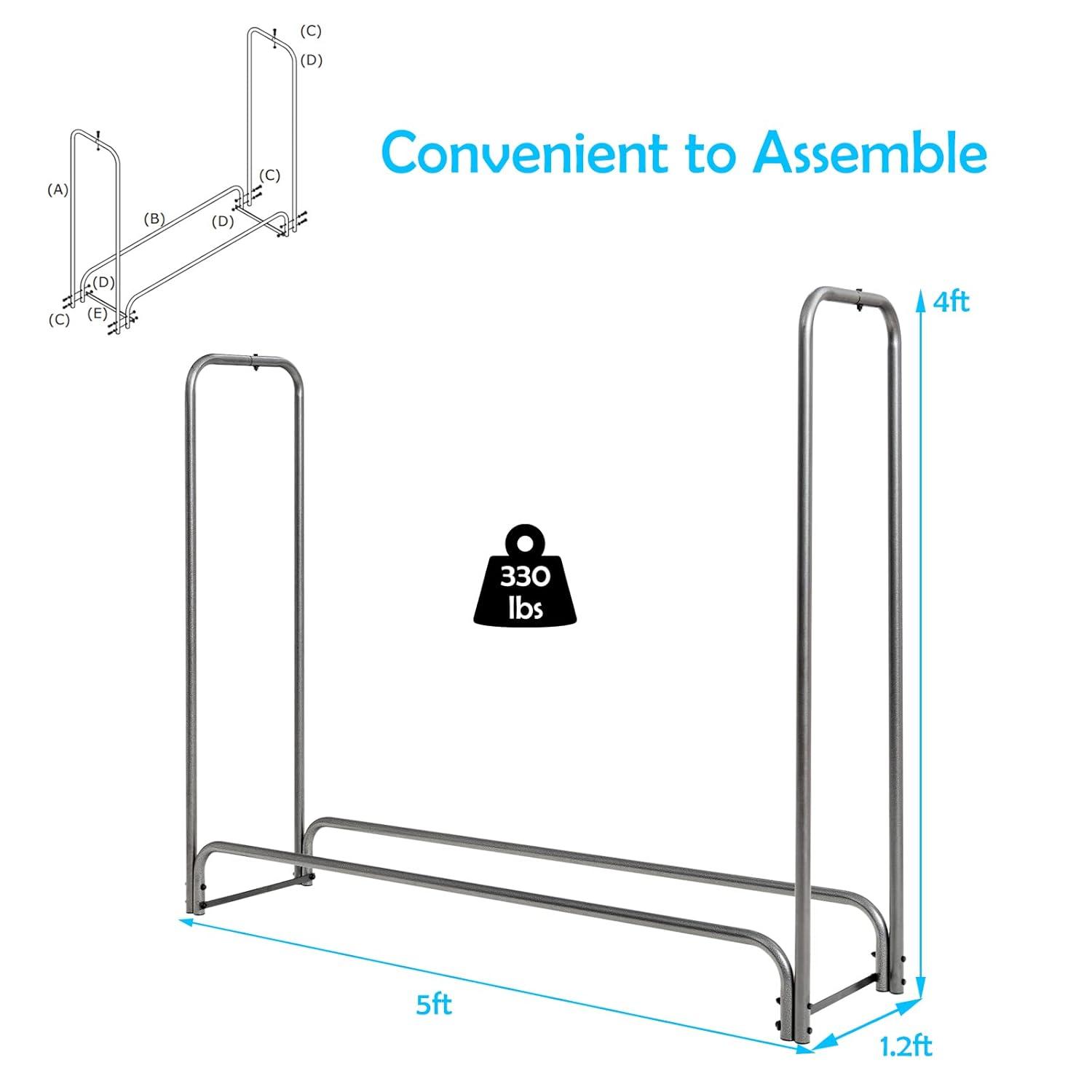 Goplus 5FT Firewood Rack Outdoor with Cover, Heavy Duty Firewood Log Holder, Waterproof Weather Resistant Fire Wood Rack Storage Stacker, Steel Tubular Log Stand for Fireplace, Patio, Courtyard