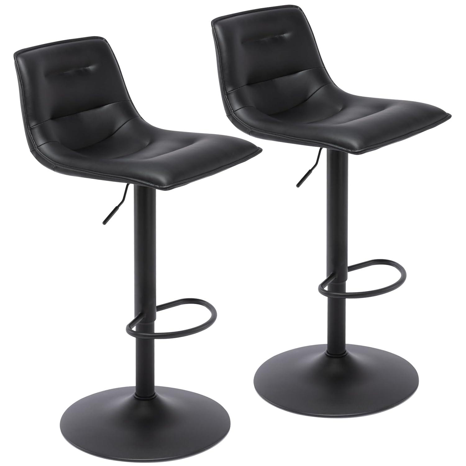 Brage Living Adjustable Bar Stools Set of 2, Modern PU Leather Swivel Counter Height Barstools with Back, Armless Airlift Curved Bar Chairs for Kitchen Dining Cafe (Black, Black Base)