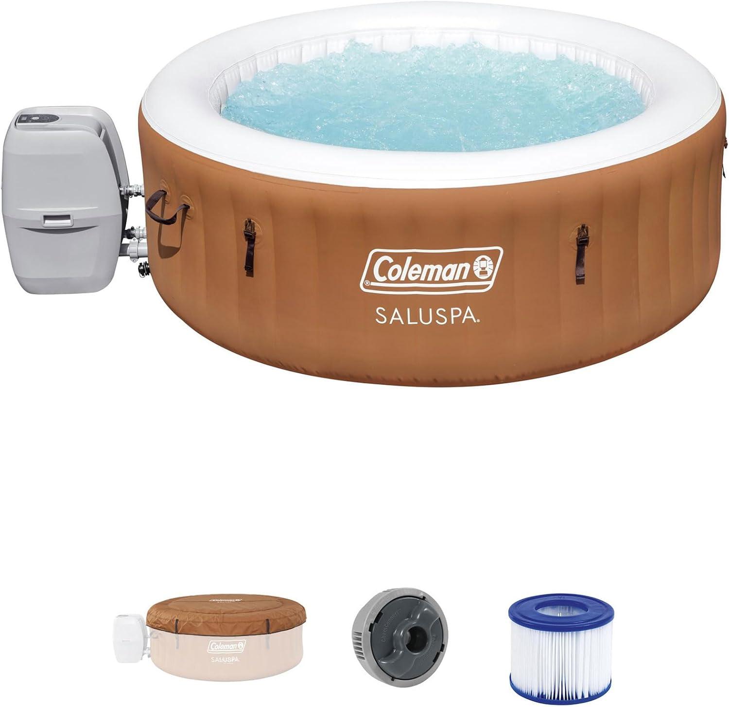 Bestway Coleman Ponderosa AirJet 2 to 4 Person Inflatable Hot Tub Round Portable Outdoor Spa w/ 120 AirJets & EnergySense Energy Saving Cover, Orange