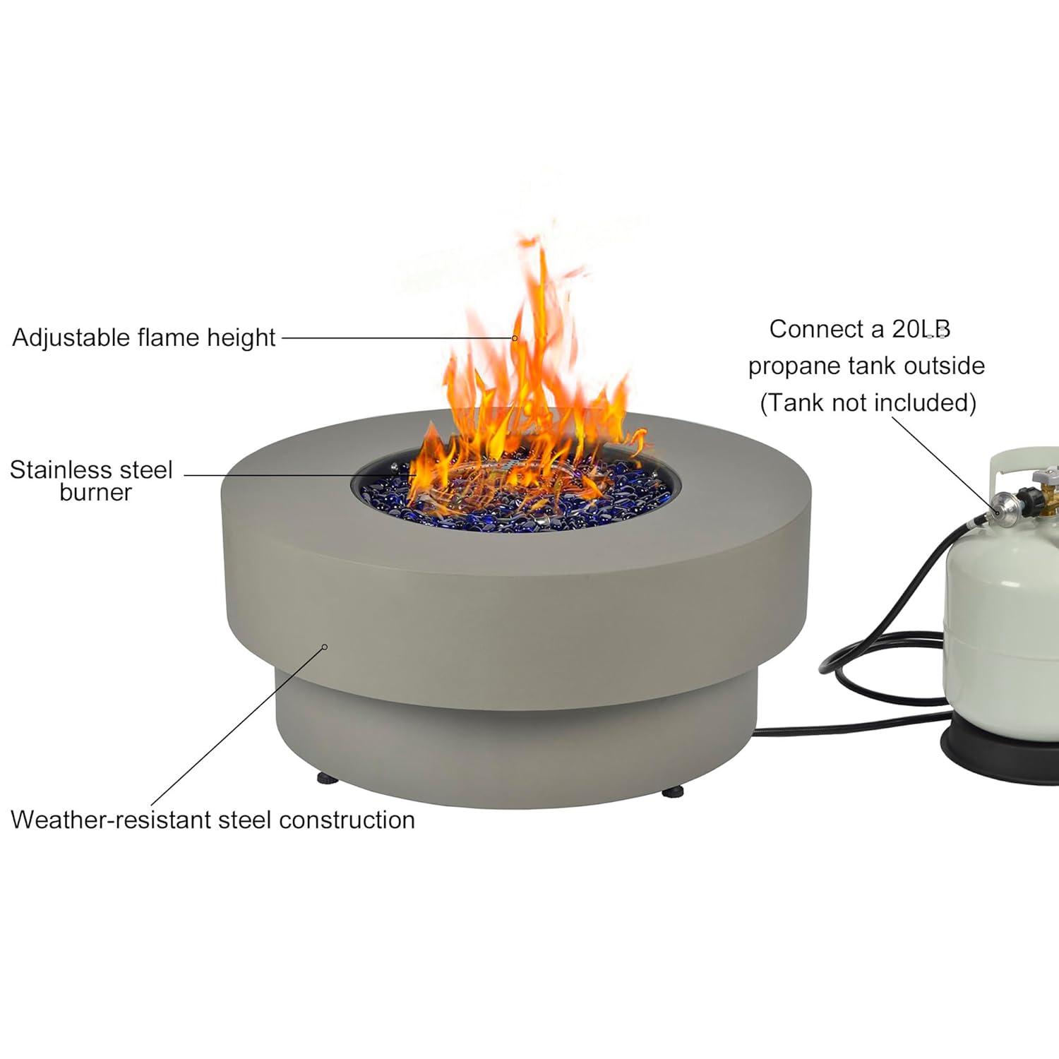 BAIDE HOME 32.5" Round Steel Low Profile Propane Fire Pit Table, 50,000 BTU Outdoor Gas Fire Pit with Lid, Glass Rocks, Cover, Pre-attached 10ft Propane Hose