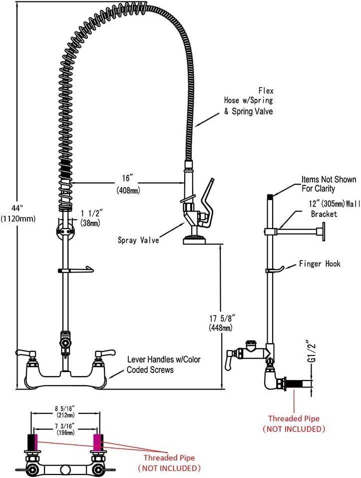 Aquaterior 44" Commercial Pre-Rinse Kitchen Faucet 12" Add-on Spout Wall Mount CUPC NSF CEC