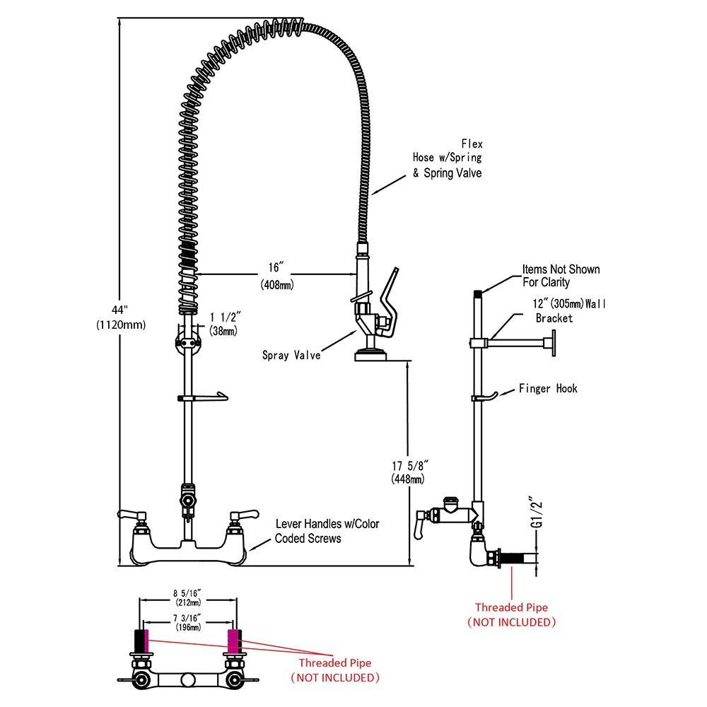 Aquaterior 44" Commercial Pre-Rinse Kitchen Faucet 12" Add-on Spout Wall Mount CUPC NSF CEC
