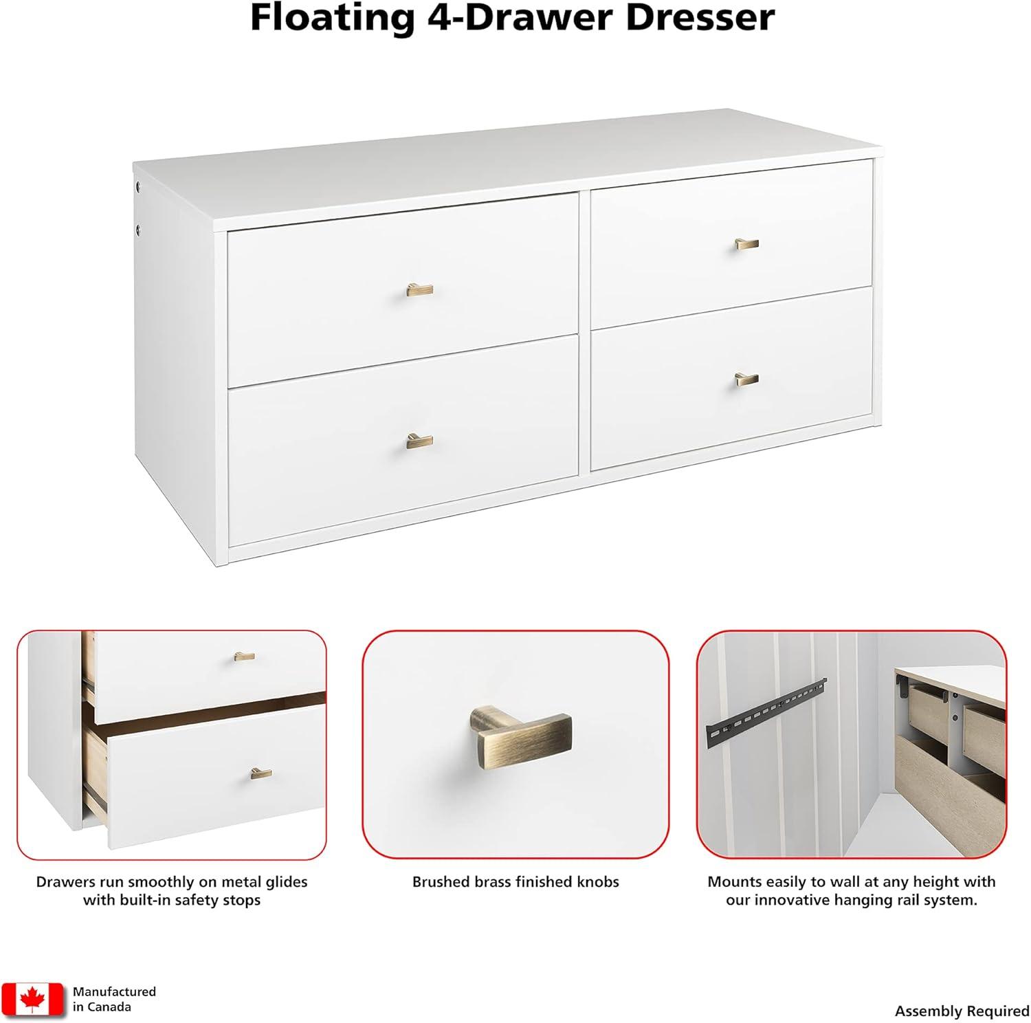 Serenity White Floating Dresser with Brushed Brass Knobs