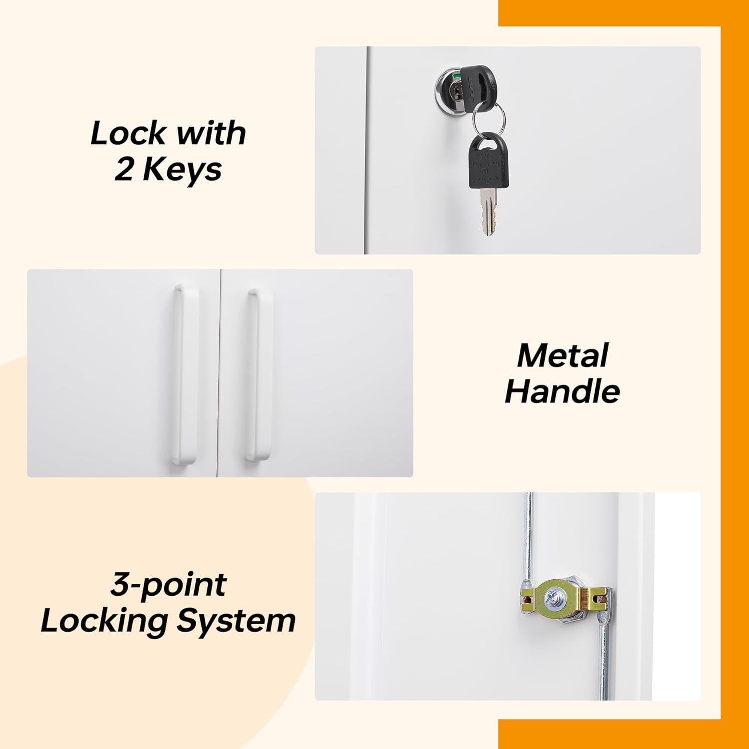Metal Storage Cabinet with 2 Doors, Lockable Steel Storage Cabinet with 2 Doors and Adjustable Shelves, Steel Lockable File Cabinet, Locking Tool Cabinets for Office,Home,Garage