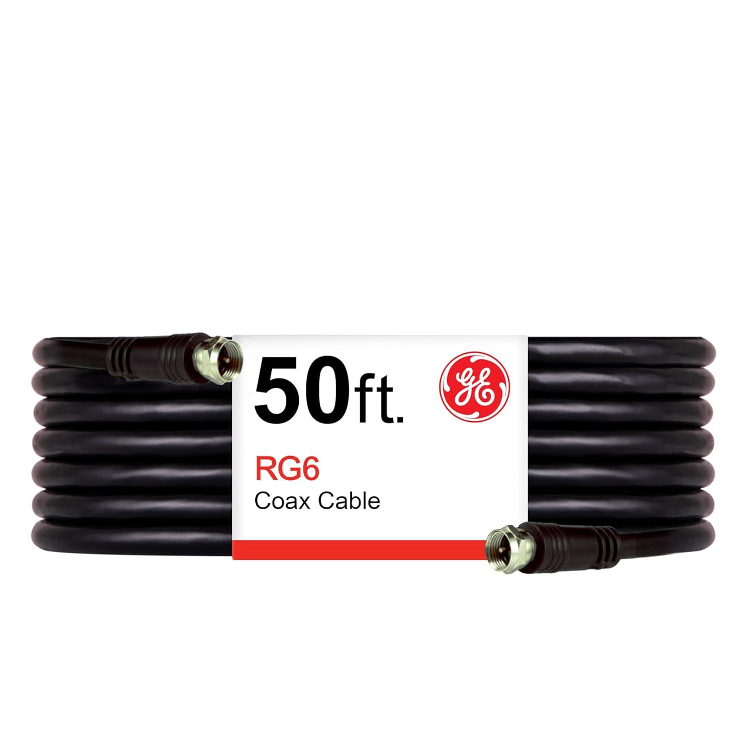 GE 50ft Coaxial Cable, F-Type Connectors, Black, 33600