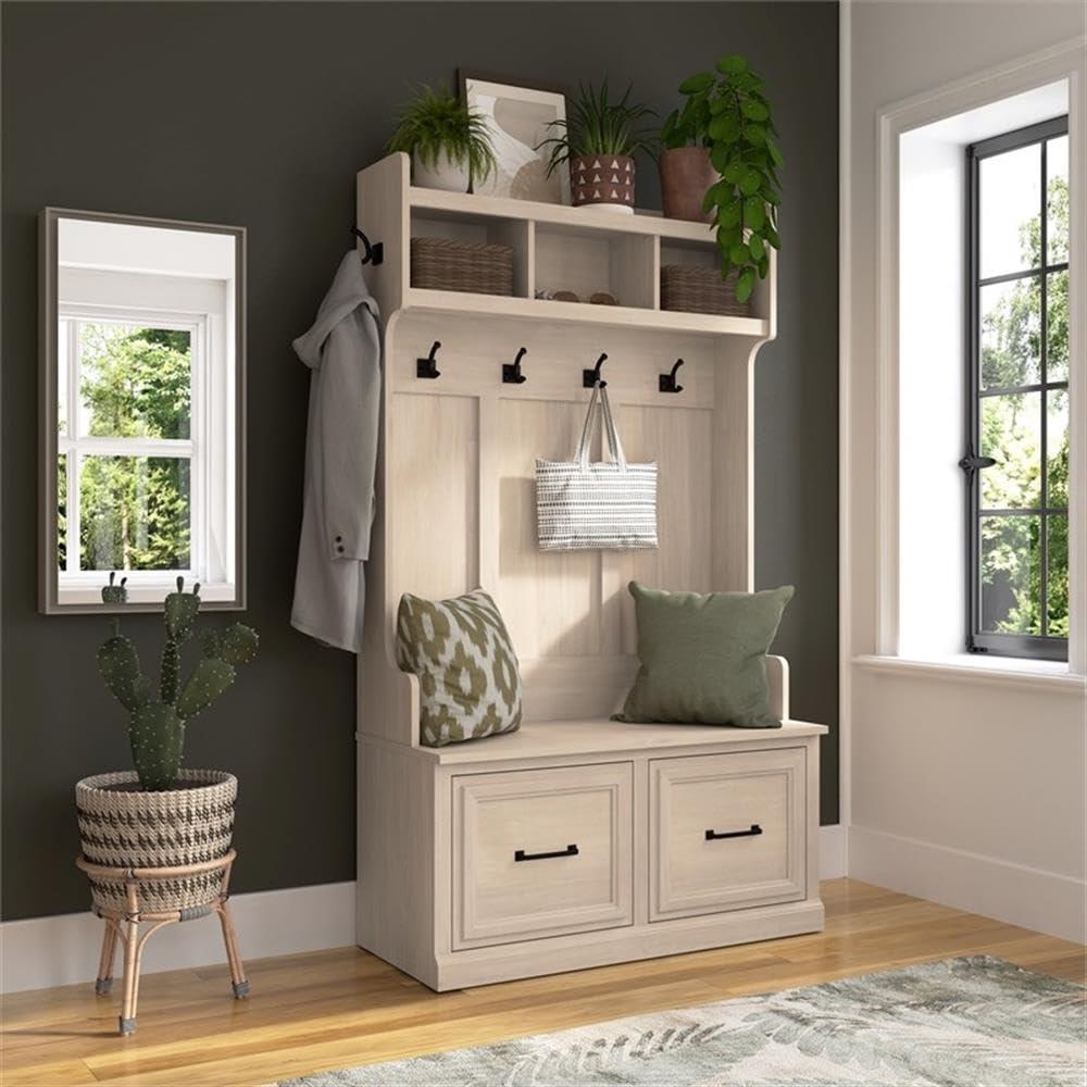 Woodland 40W Hall Tree and Shoe Bench w/ Doors in White Maple - Engineered Wood