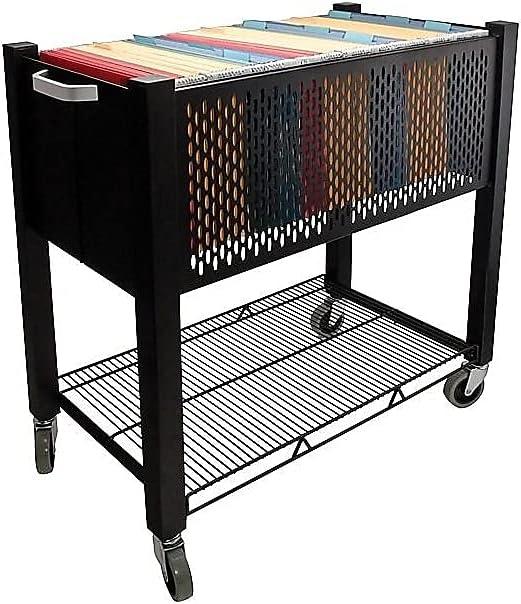 Black Steel Mobile File Cart with Push Handle and Locking Wheels