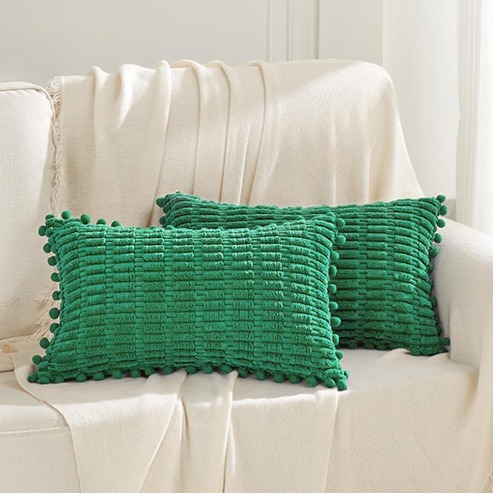 Sage Green Corduroy Lumbar Pillow Covers with Stripes - Set of 2