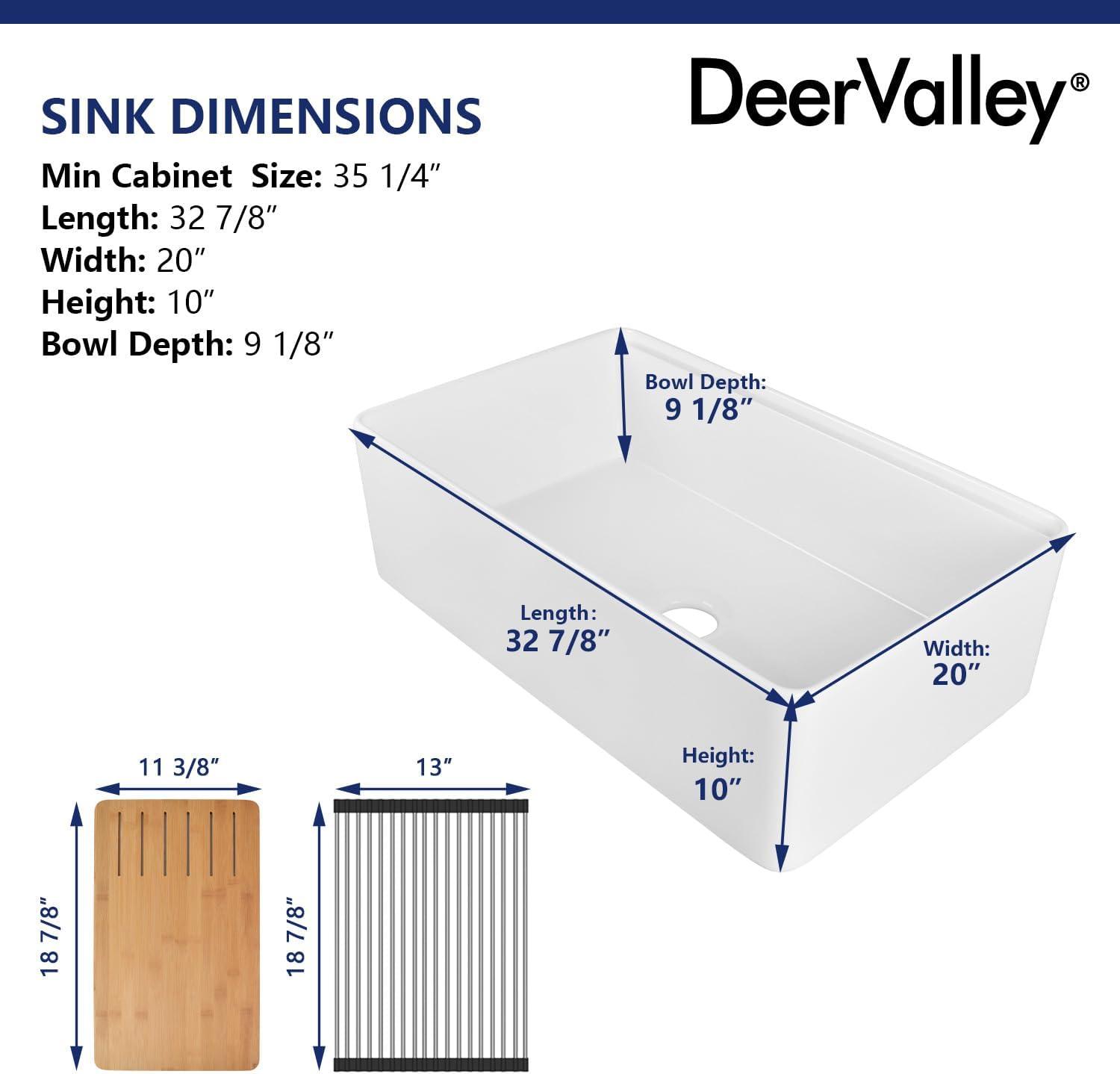 DeerValley 33" L X 20" W Single Basin Workstation Farmhouse Kitchen Sink With Sink Grid, Cutting Board And Dish-Drying Rack