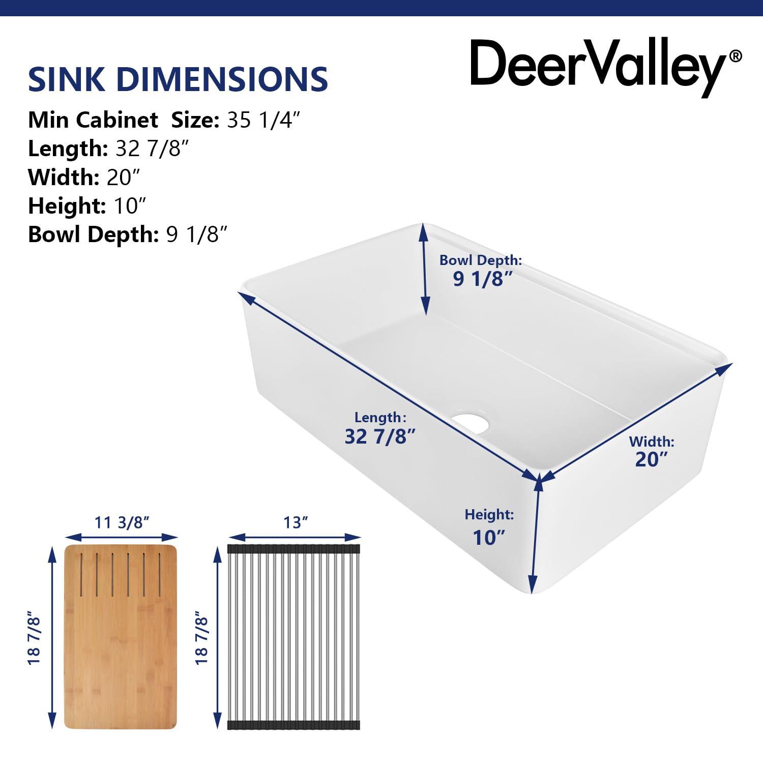DeerValley 33" L X 20" W Single Basin Workstation Farmhouse Kitchen Sink With Sink Grid, Cutting Board And Dish-Drying Rack