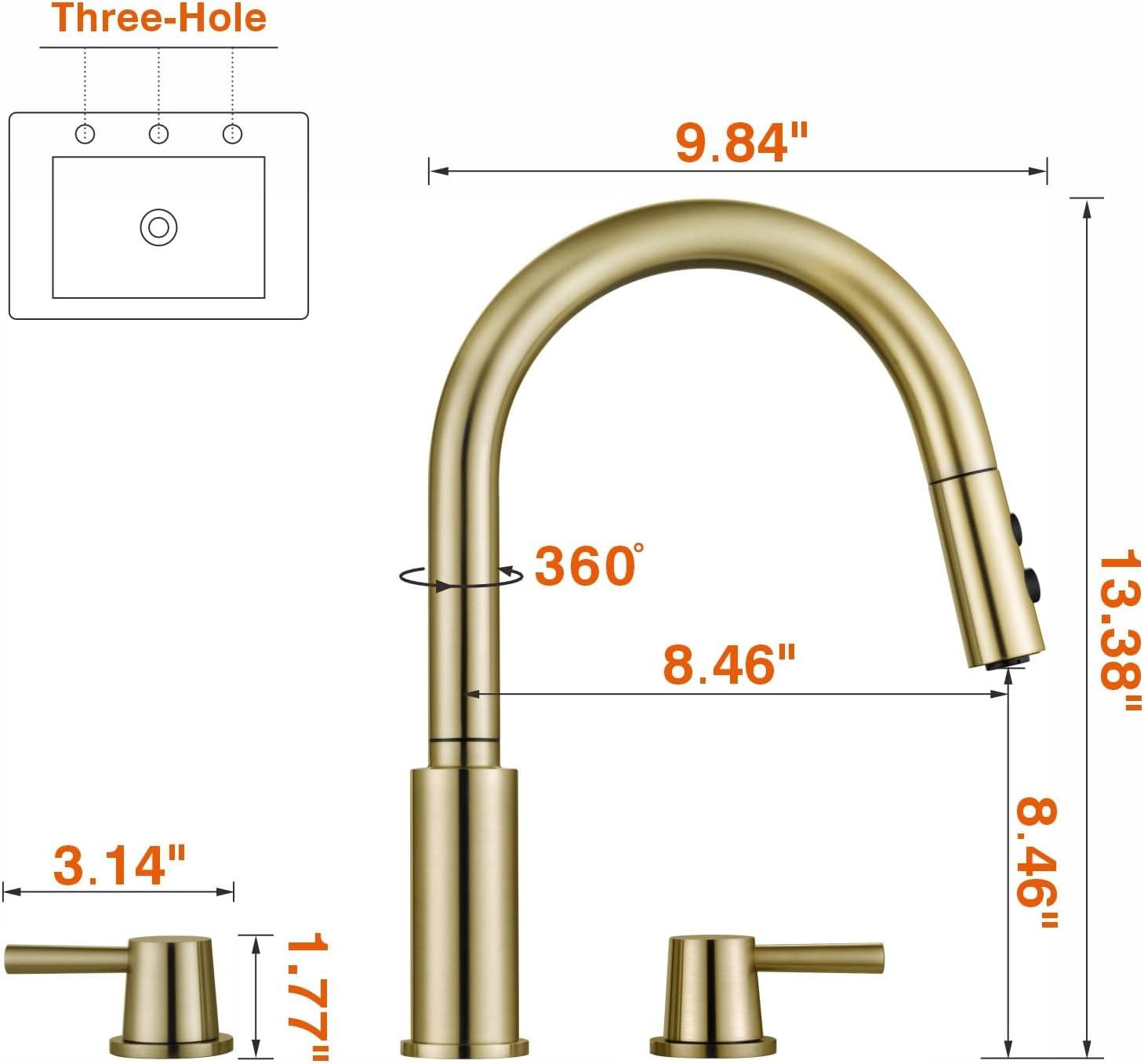 Kitchen Faucet, 2 Handles Kitchen Sink Faucet, 3 Holes Sink Faucet, Pull Down Kitchen Faucets, Bar Kitchen Faucet, Brushed Gold, Stainless Steel, RULIA RB1069