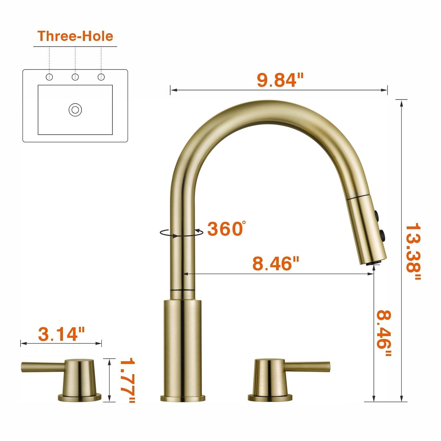 Kitchen Faucet, 2 Handles Kitchen Sink Faucet, 3 Holes Sink Faucet, Pull Down Kitchen Faucets, Bar Kitchen Faucet, Brushed Gold, Stainless Steel, RULIA RB1069
