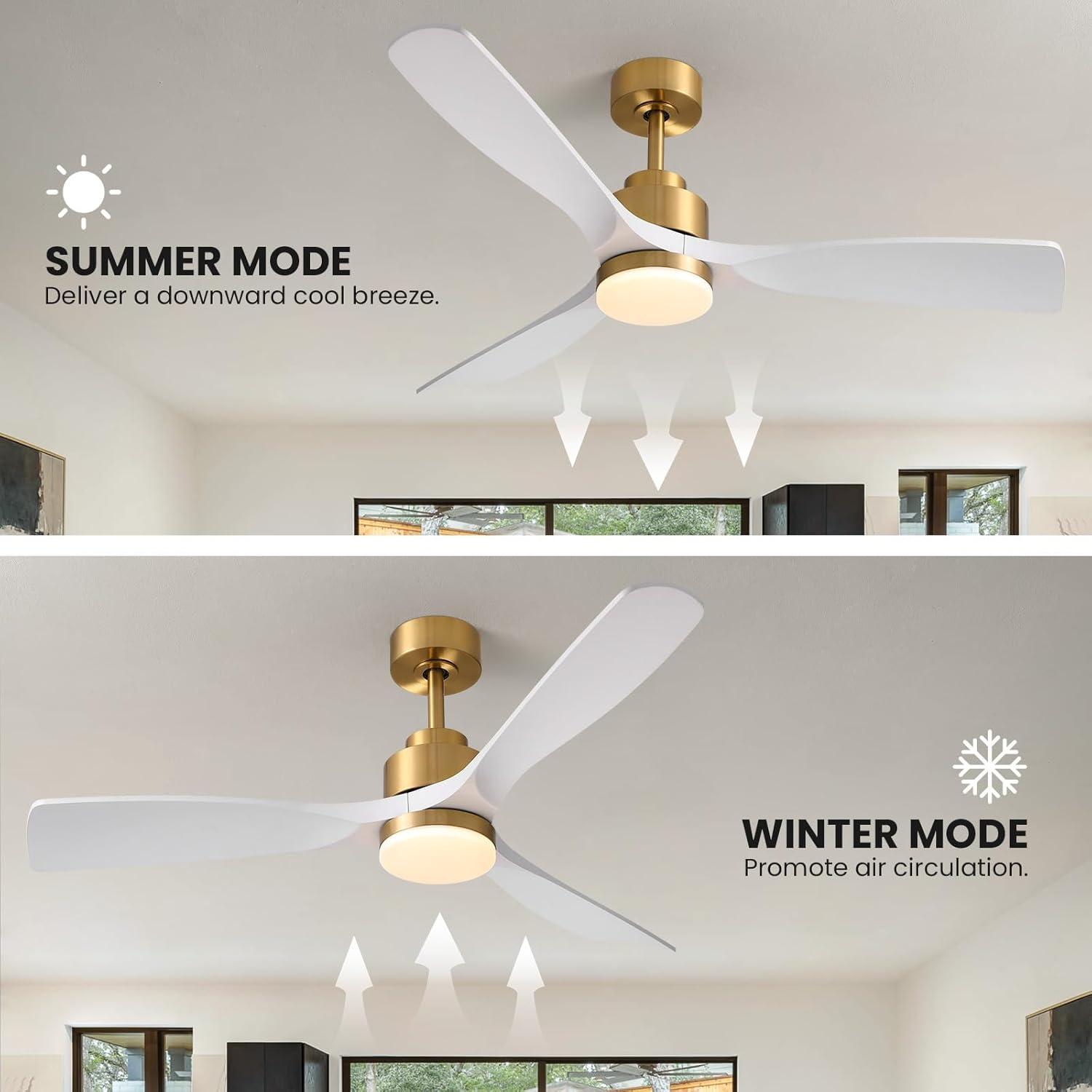52 Inch Gold White Smart Ceiling Fans with Lights and Remote,Quiet DC Motor,for Modern Bedroom Living Room Patio