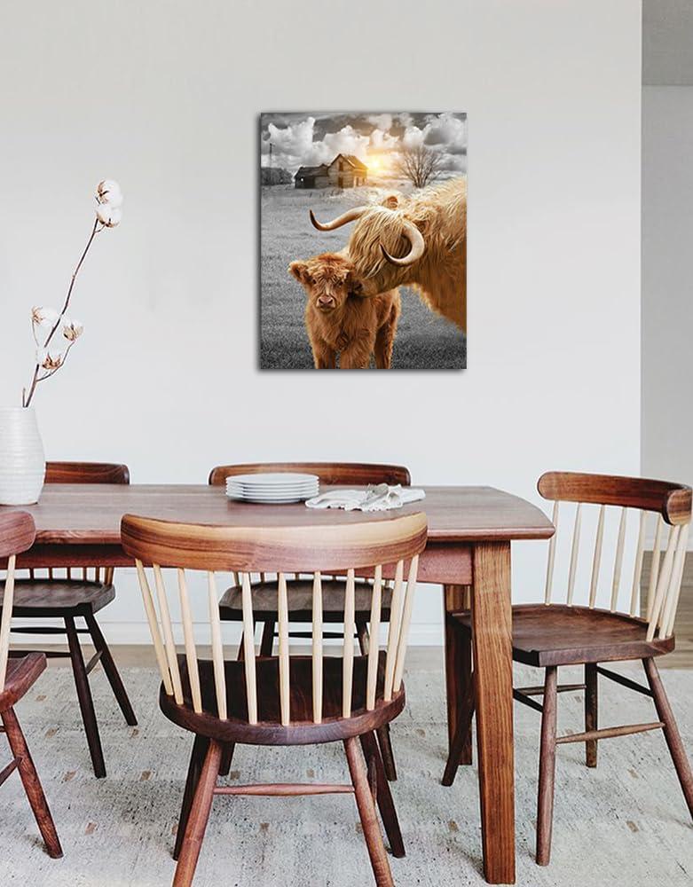 JEUXUS Highland Cow Wall Art, Cow Pictures Wall Decor, Rustic Black and White Funny Highland Cow Wall Art Canvas Poster, 20x16in Framed Ready to Hang, Farmhouse Longhorn Canvas Wall Art Decor