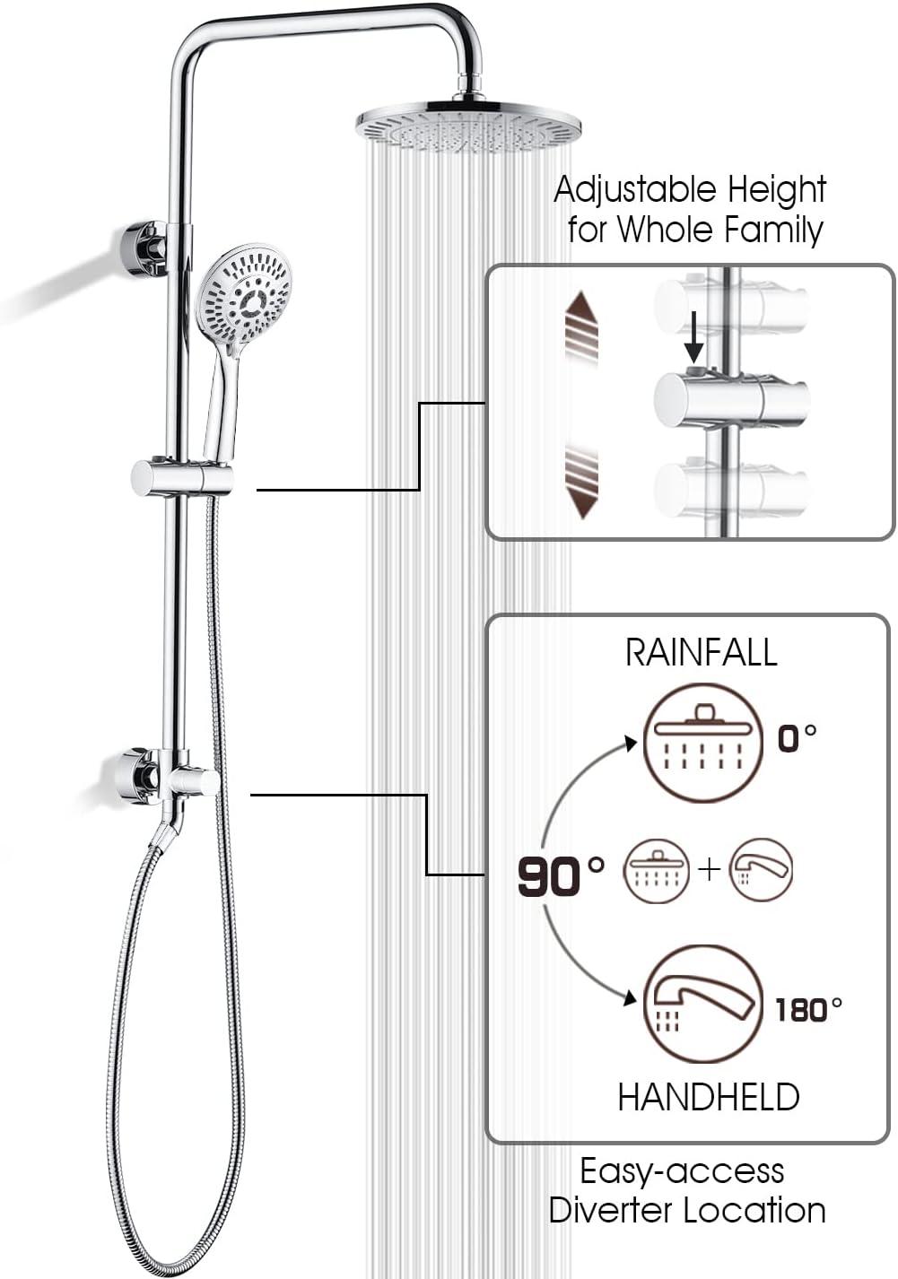 BRIGHT SHOWERS Rain Shower Heads System Including 9 Inch Rainfall Shower Head and Handheld Shower Head with Height Adjustable Holder, Solid Brass Rail and 60 Inch Long Stainless Steel Shower Hose