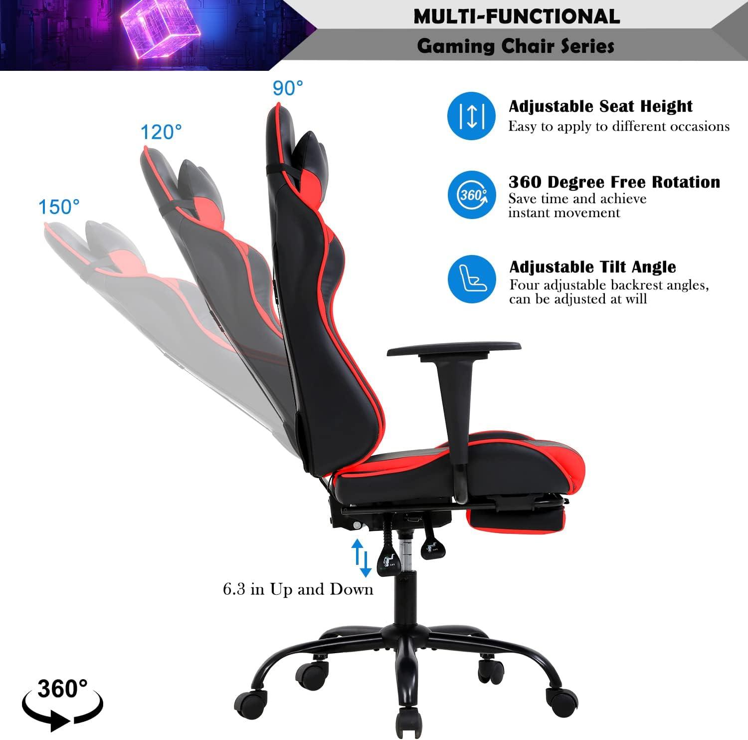 Gaming Chair Racing Office Computer Game Chair Ergonomic Desk Chair with Headrest Lumbar Support, High Back Gamer Office Chair Recliner Video Game Chairs for Kids or Adults,Red