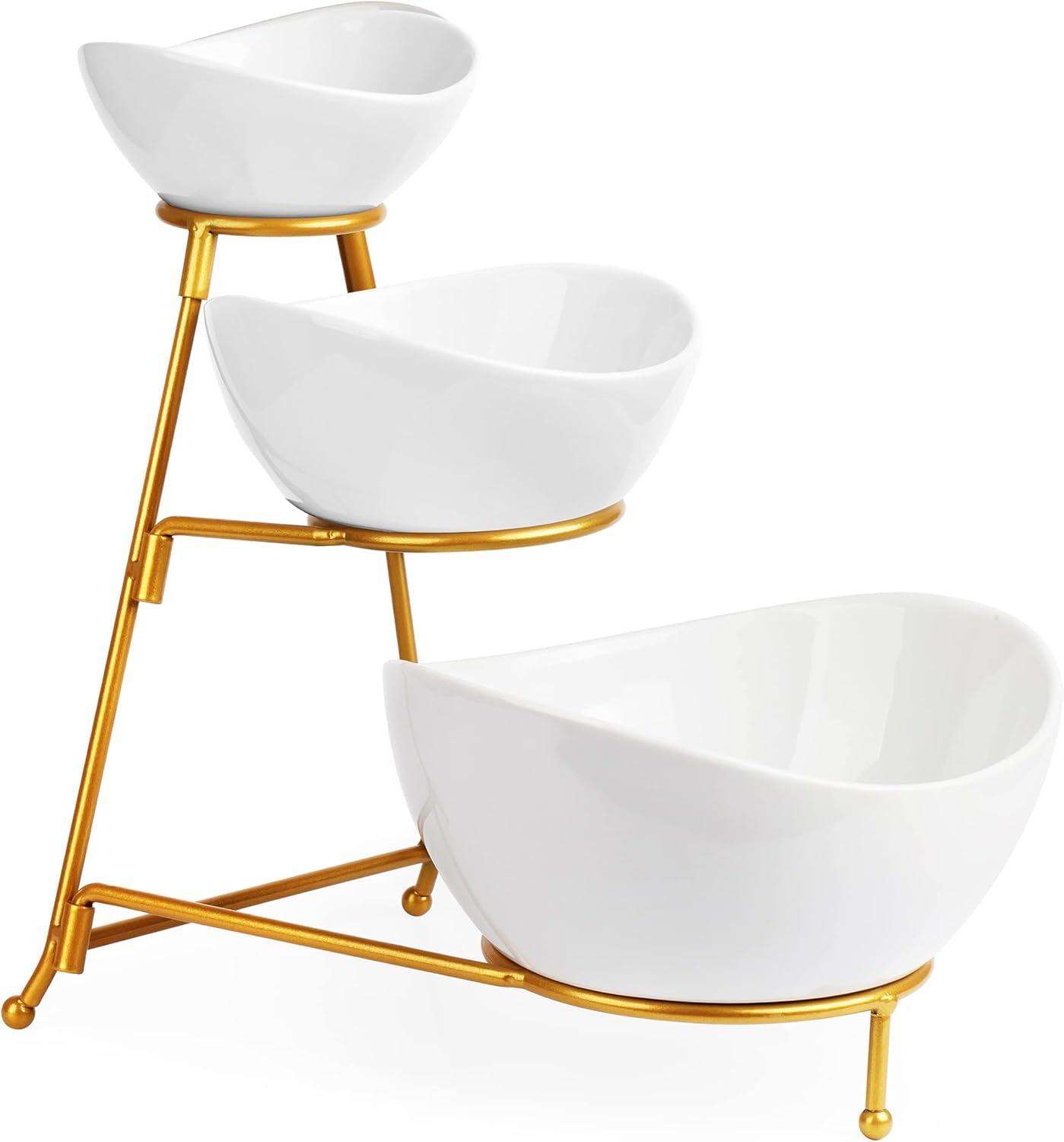 Gold 3-Tier Oval Ceramic Serving Bowl Set with Stand