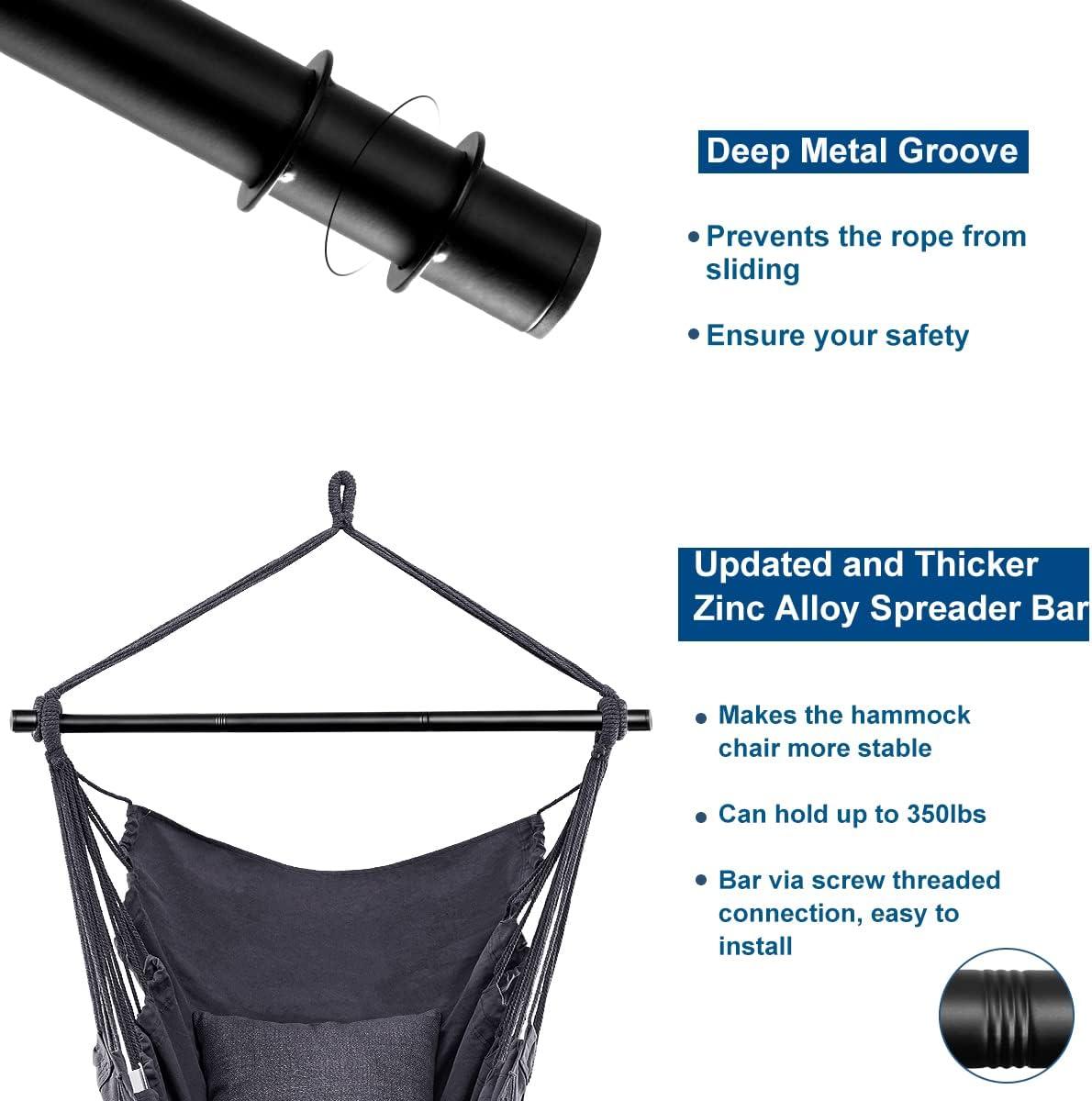 Jelofly Hammock Chair Large Hanging Rope Swing Seat Chair with Pocket Max 350 Lbs Superior Comfortable for Indoor Outdoor Home Bedroom Garden, Seat Cushions Not Included (Dark Grey)