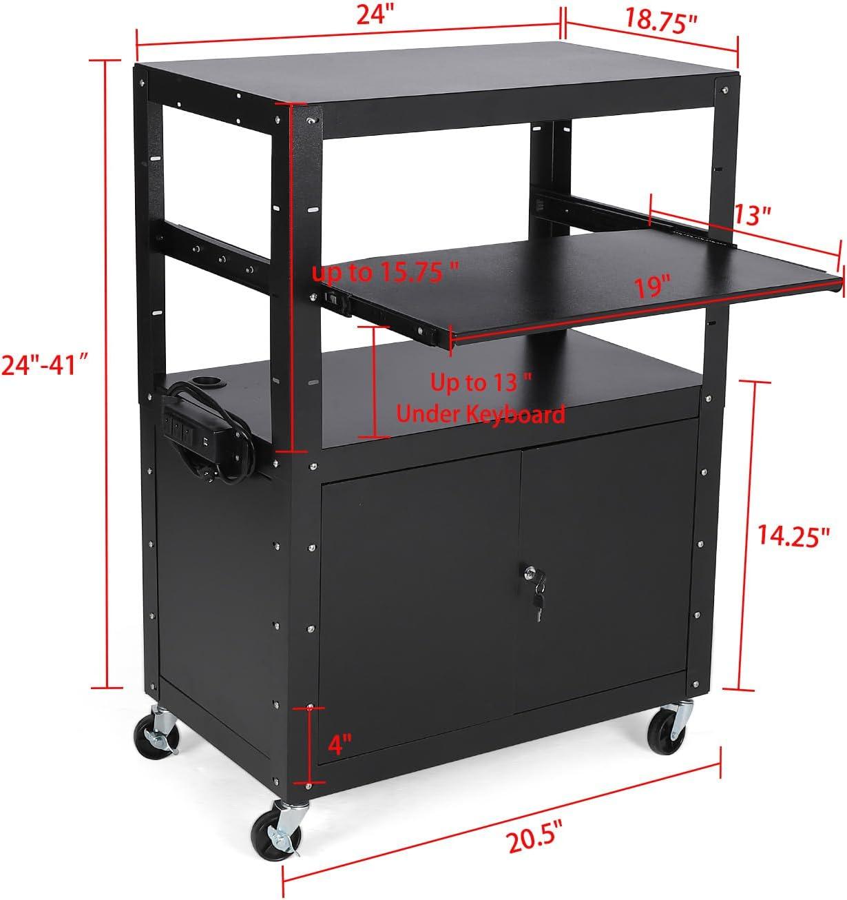 Black Adjustable AV Cart with Locking Cabinet and Pullout Tray