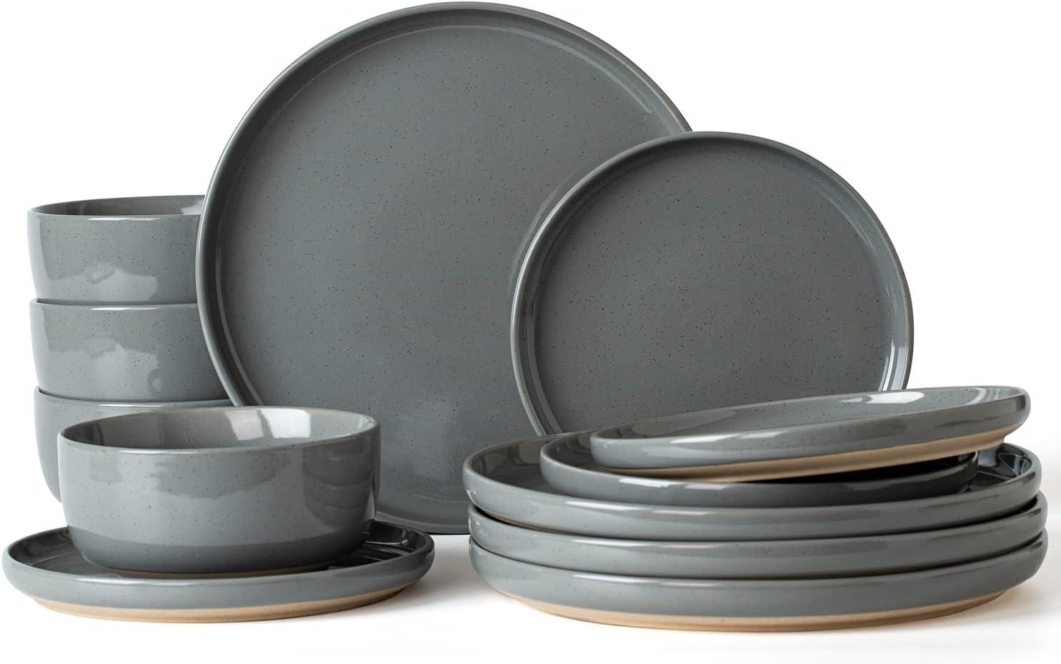 Famiware Plates and Bowls Set, 12 Piece Stoneware Dinnerware Sets, Dark Gray