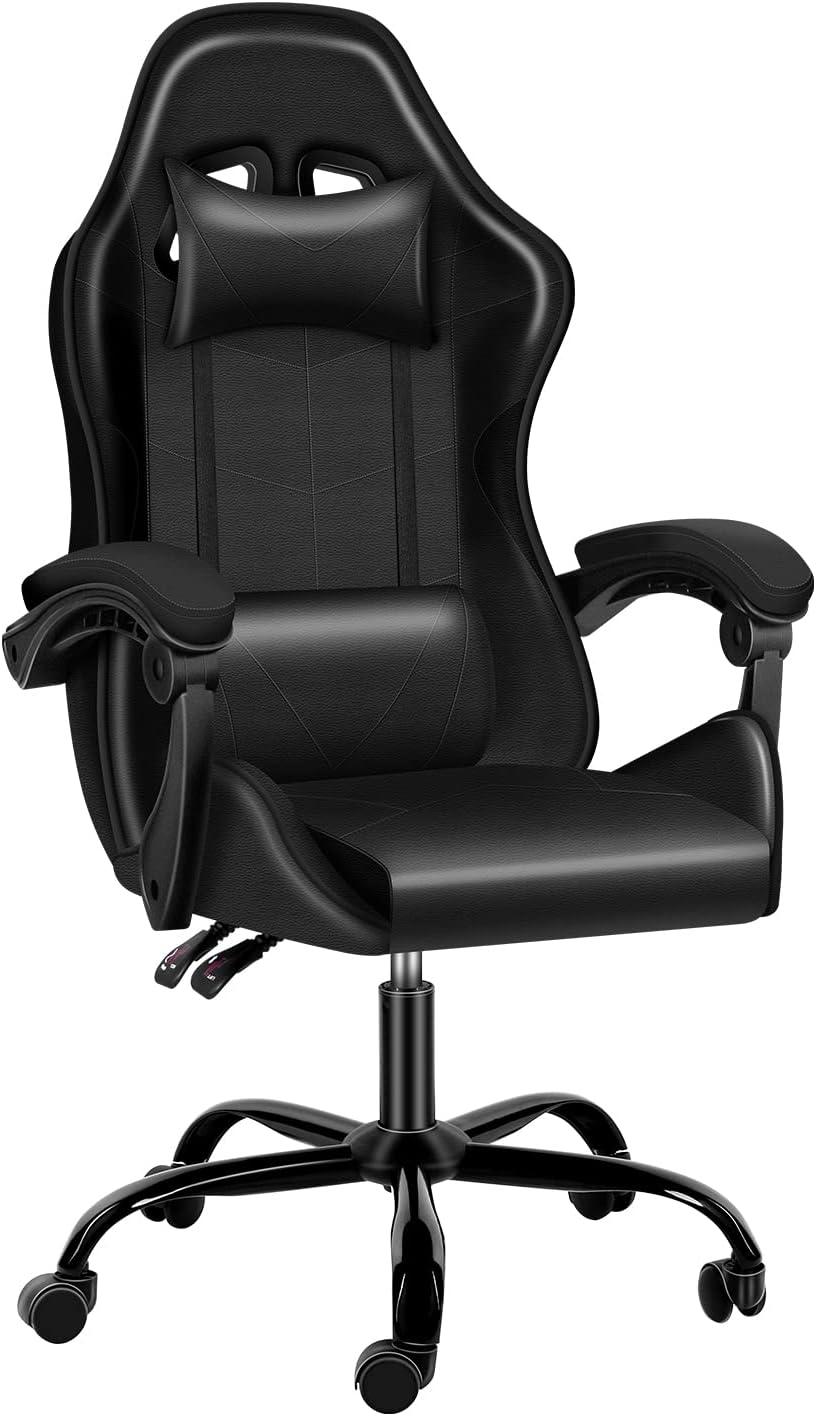 Yssoa Racing Video Backrest And Seat Height Recliner Gaming Office High Back Computer Ergonomic Adjustable Swivel Chair, Without Footrest, Black Black Leather