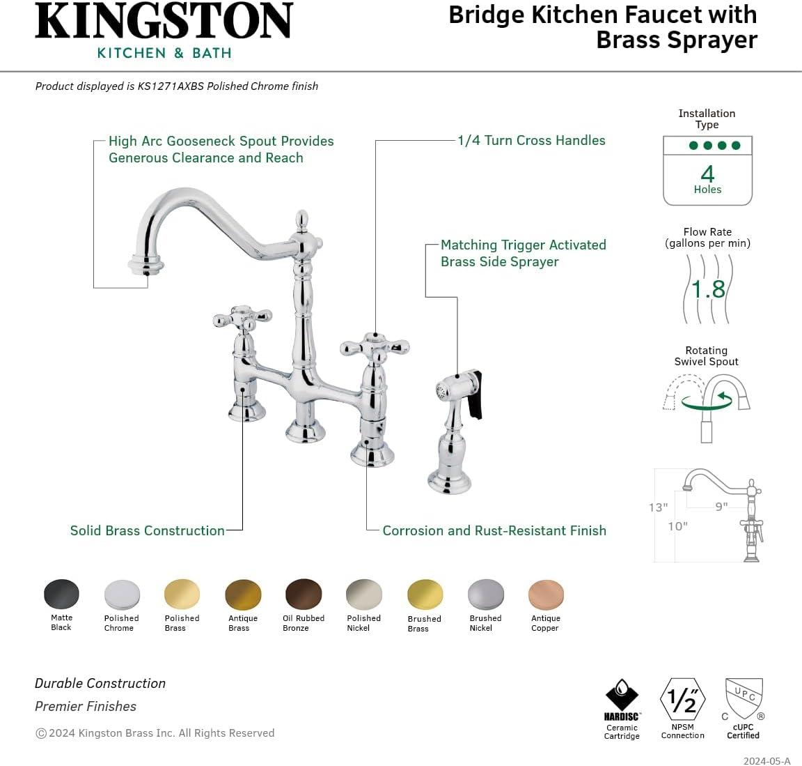 Kingston Brass Heritage Two-Handle 4-Hole Deck Mount Bridge Kitchen Faucet with Brass Side Sprayer