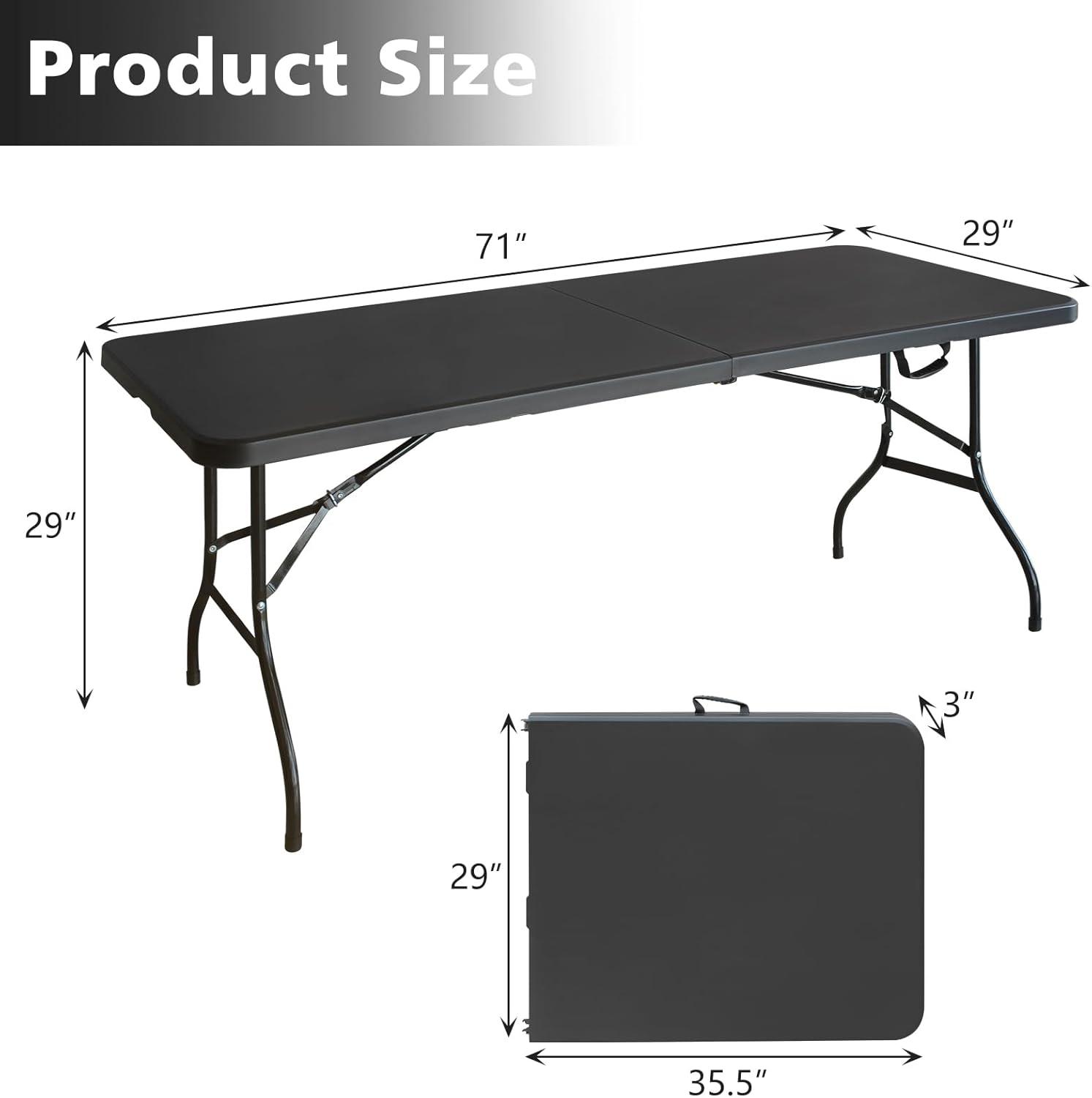 6ft Folding Table, Portable Plastic Table for Camping, Picnics, Parties, High Load Bearing Foldable Table Black