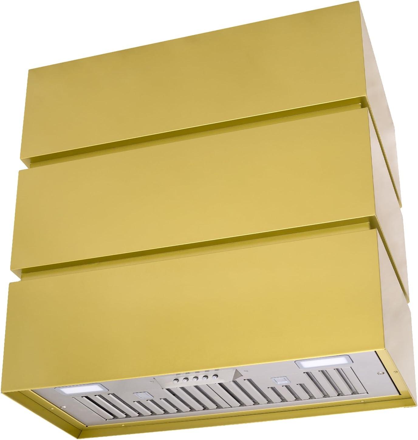 Akicon Stainless Steel Range Hood, Modern Box Kitchen Hood with Powerful Vent Motor, Wall Mount, 30”W*30”H*14D, Matte Gold (AKHS30H-MG)
