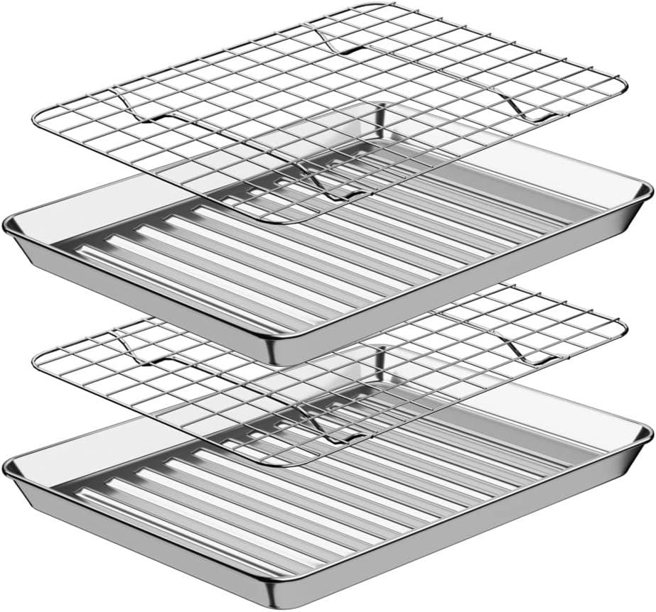 Baking Sheet with Rack Set [2 Pans + 2 Racks ] HKJ Chef Stainless Steel Cookie Sheet Baking Pan Tray with Cooling Rack, Size 9x7x1 Inch, Non Toxic & Heavy Duty & Easy Clean