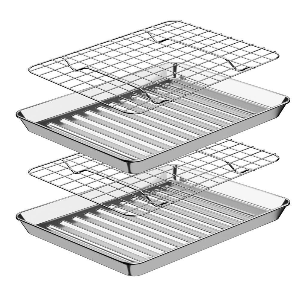 Baking Sheet with Rack Set [2 Pans + 2 Racks ] HKJ Chef Stainless Steel Cookie Sheet Baking Pan Tray with Cooling Rack, Size 9x7x1 Inch, Non Toxic & Heavy Duty & Easy Clean