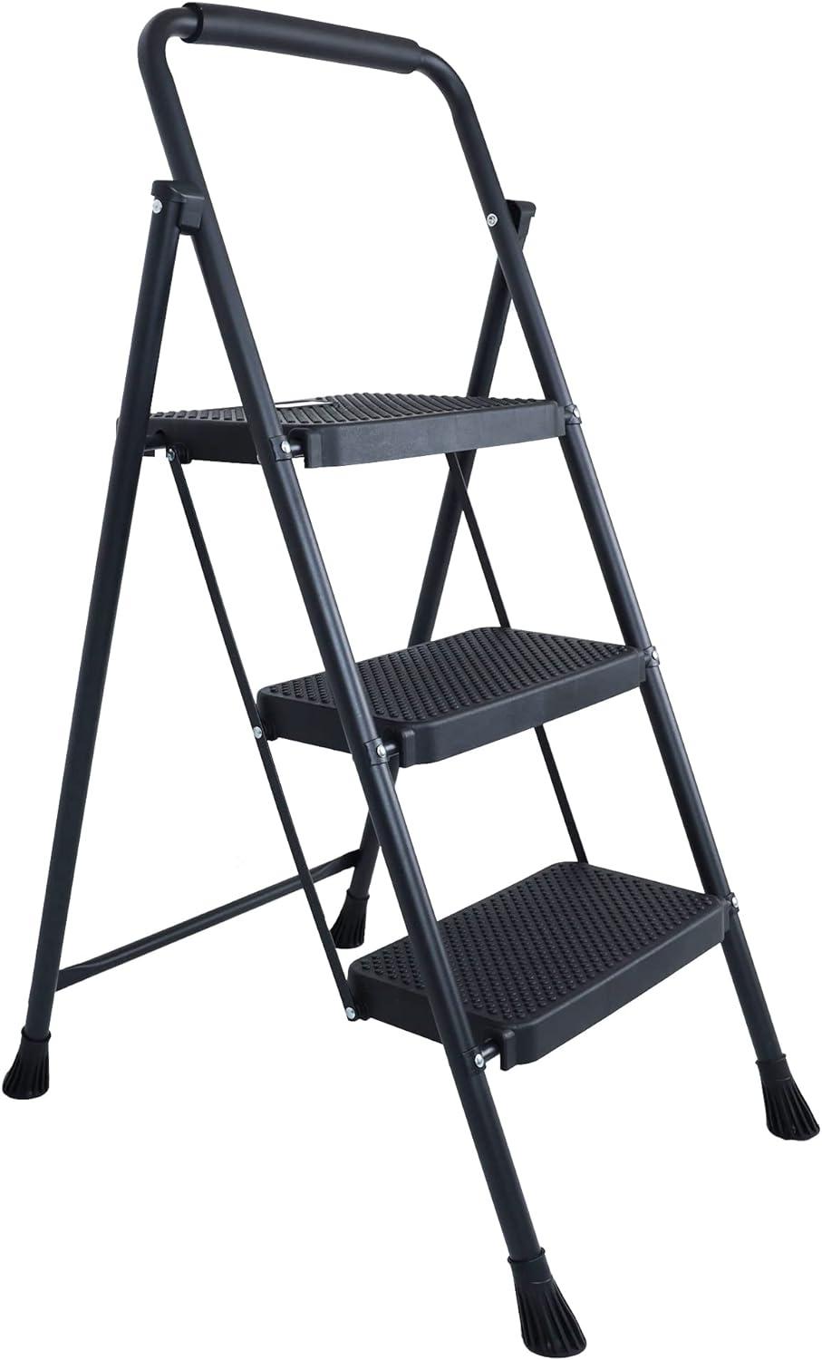 Folding Step Stool with Wide Anti-Slip Pedal, ​330​lbs Sturdy Steel Ladder, 3-Step