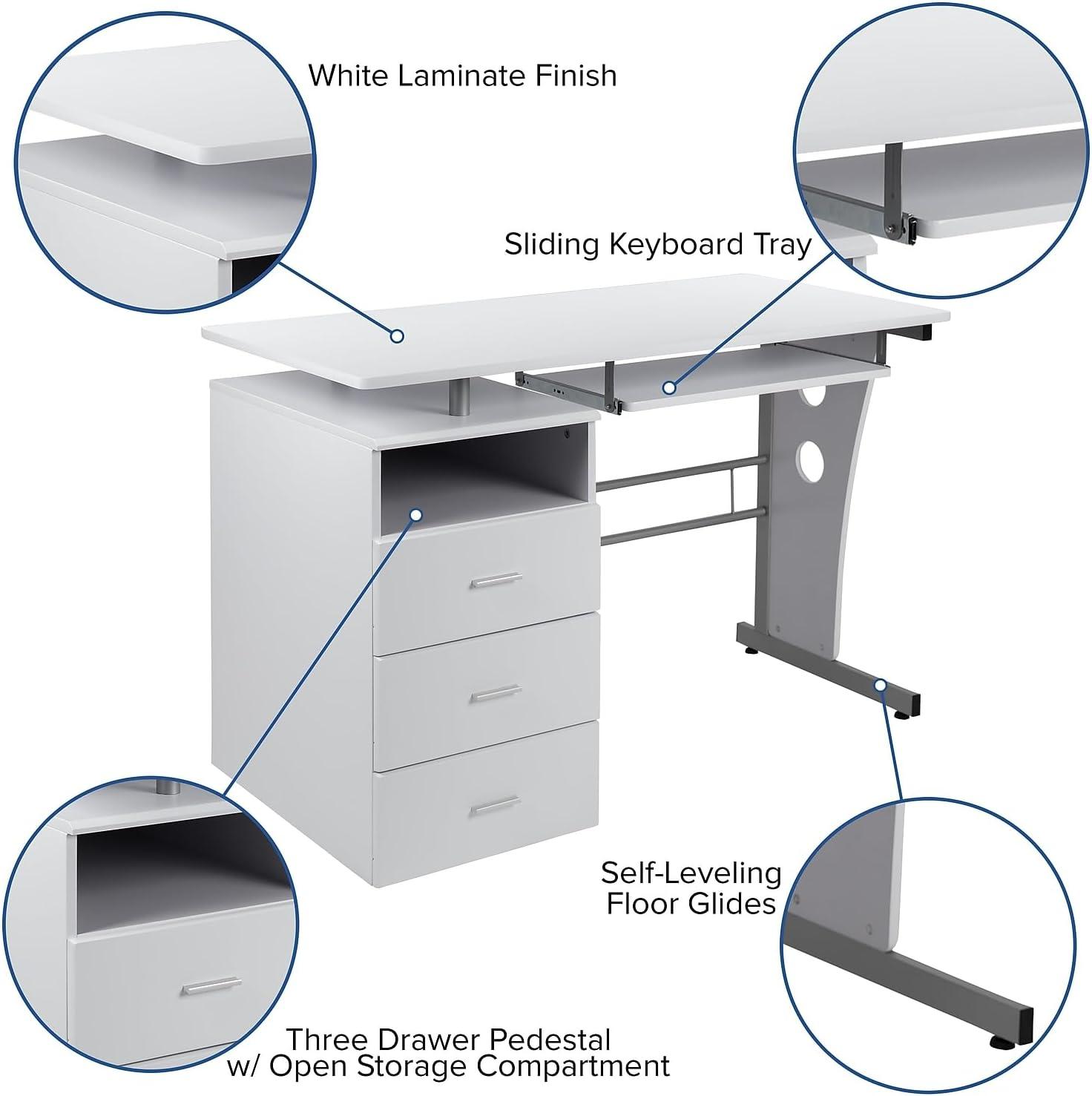 Flash Furniture White Desk with Three Drawer Pedestal and Pull-Out Keyboard Tray
