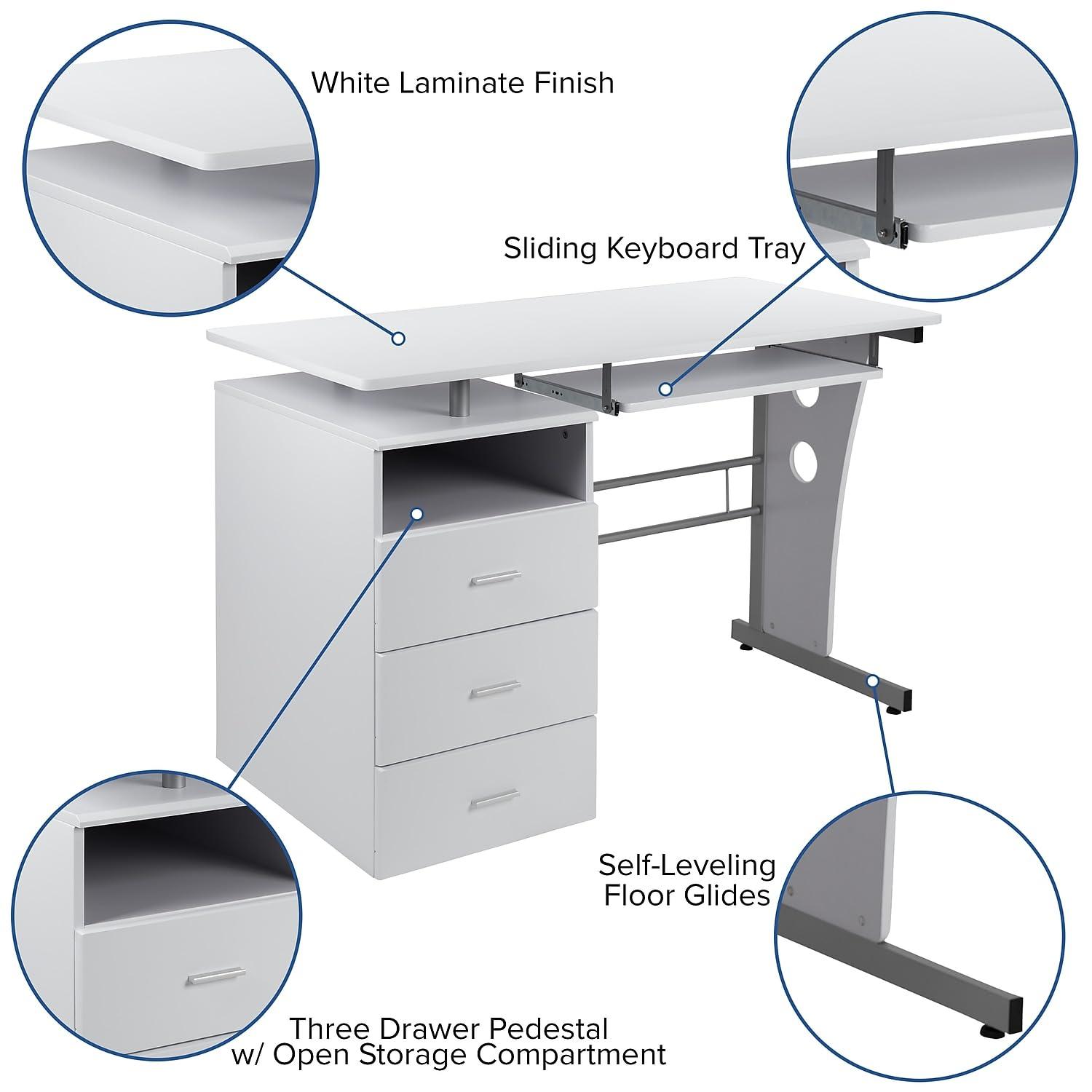 Flash Furniture White Desk with Three Drawer Pedestal and Pull-Out Keyboard Tray