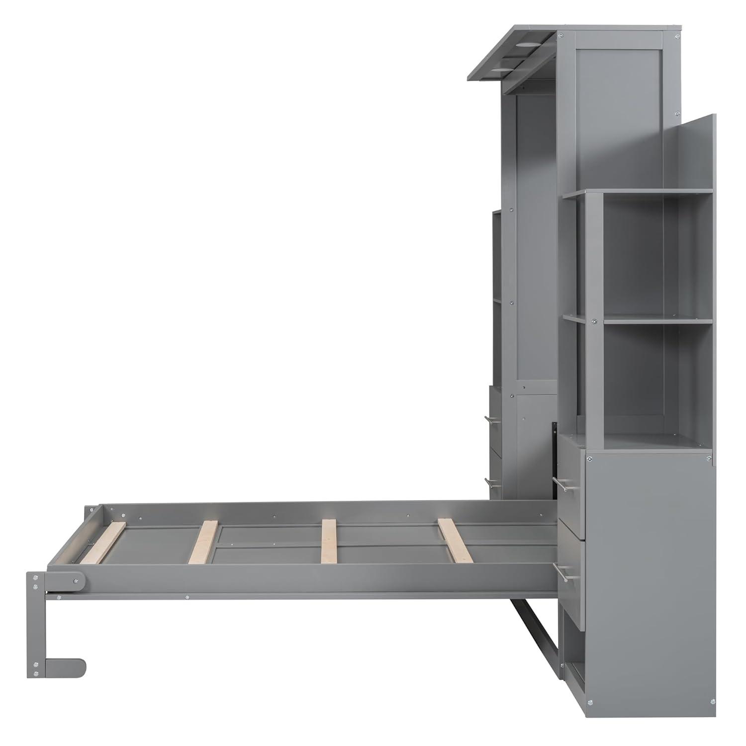 Cosmic Full Size Murphy Bed Wall Bed with Shelves, Drawers and LED Lights