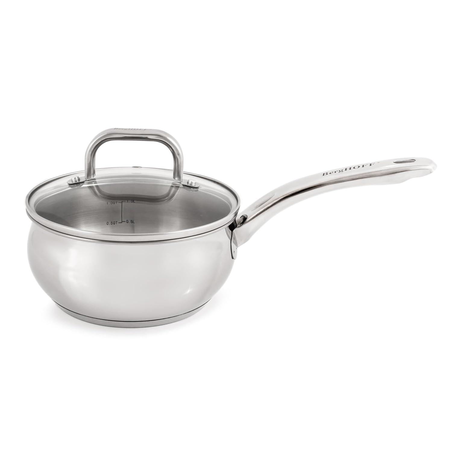 BergHOFF Belly Shape 18/10 Stainless Steel 6.25" Sauce Pan with Glass Lid 1.5Qt.