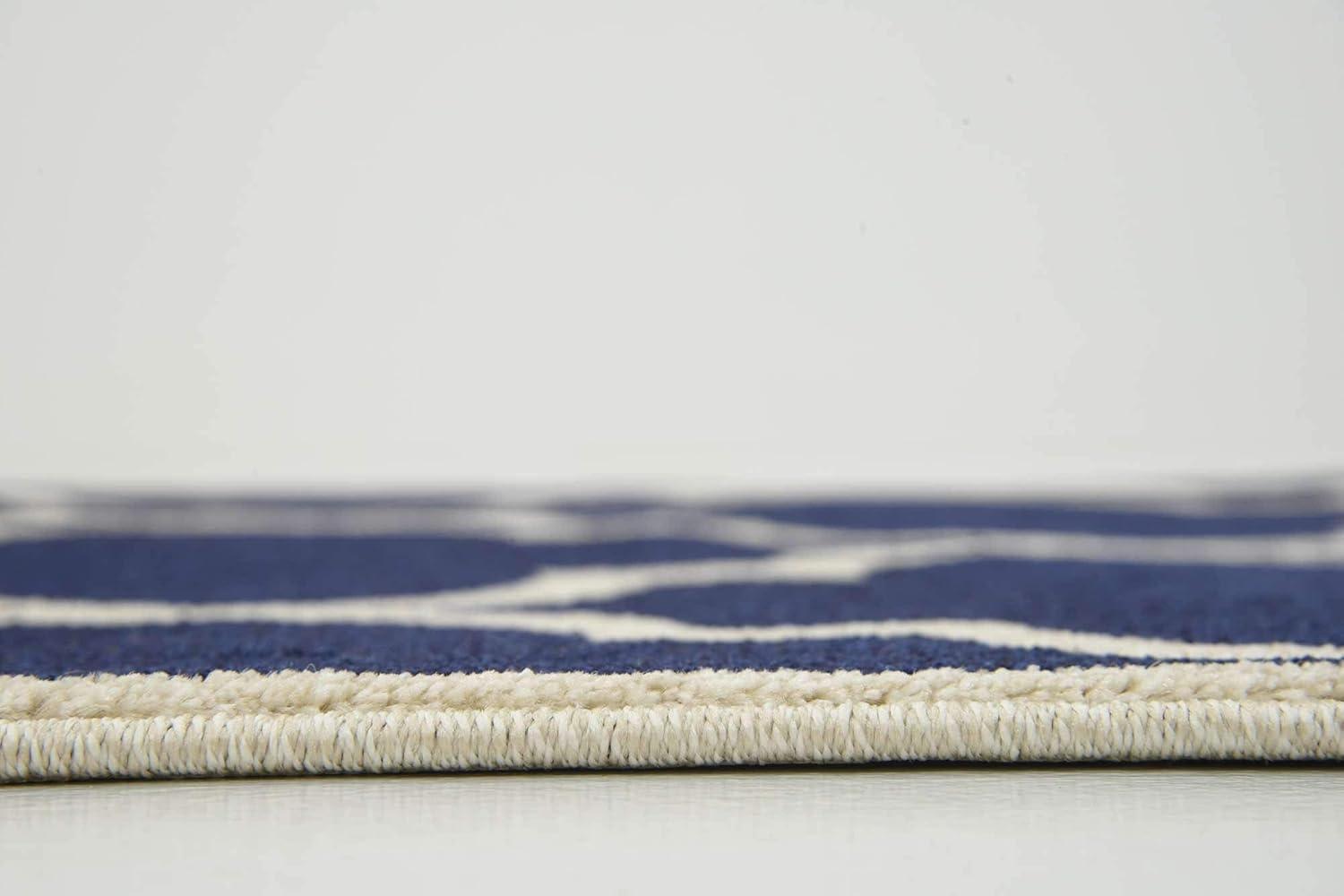 Navy Blue and Beige Trellis Synthetic Runner Rug