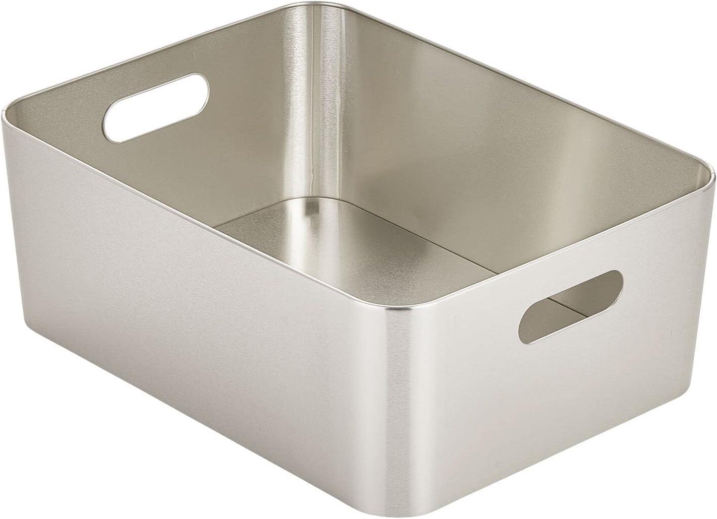 mDesign Steel Metal Storage Container Bin Basket, Handle - Kitchen Pantry, Cabinet, Fridge, Drawers, Freezer Organization - Food/Snack Holder Crates, 12" Wide - Mirri Collection, Brushed Chrome