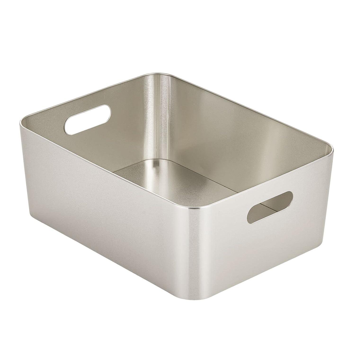 mDesign Steel Metal Storage Container Bin Basket, Handle - Kitchen Pantry, Cabinet, Fridge, Drawers, Freezer Organization - Food/Snack Holder Crates, 12" Wide - Mirri Collection, Brushed Chrome