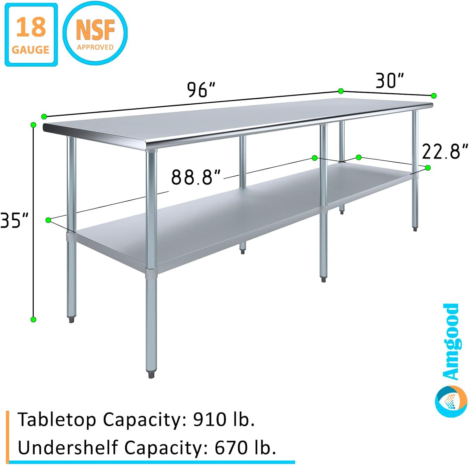 AmGood 30 in. x 96 in. Stainless Steel Table | Metal Utility Kitchen Prep Work Table | NSF