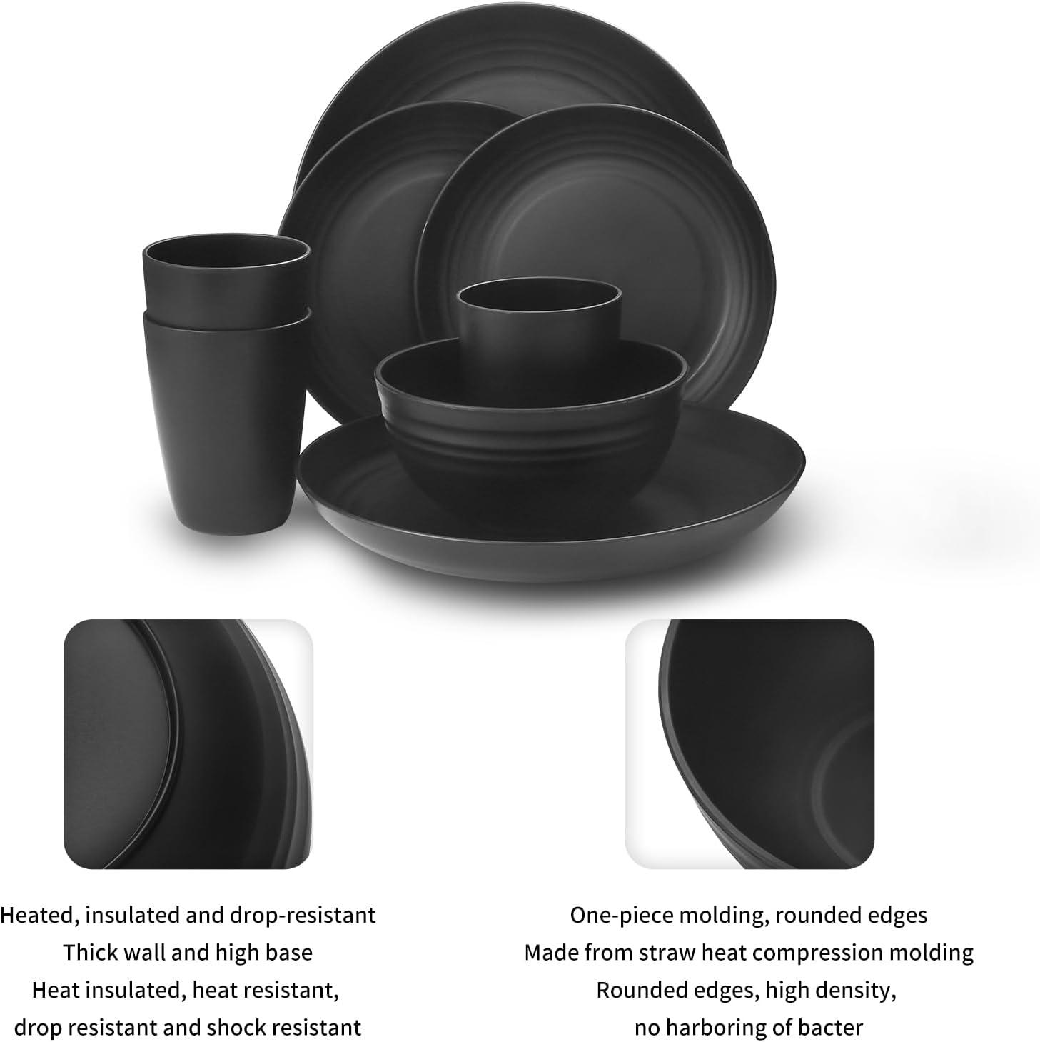 32 Pcs Wheat Straw Dinnerware Sets,Plastic Plates and Bowls Sets for 8,Unbreakable Dinnerware Set,Reusable Lightweight Black Dish Set for Kitchen,Camping,Party,RV,Dishwasher Microwave Safe