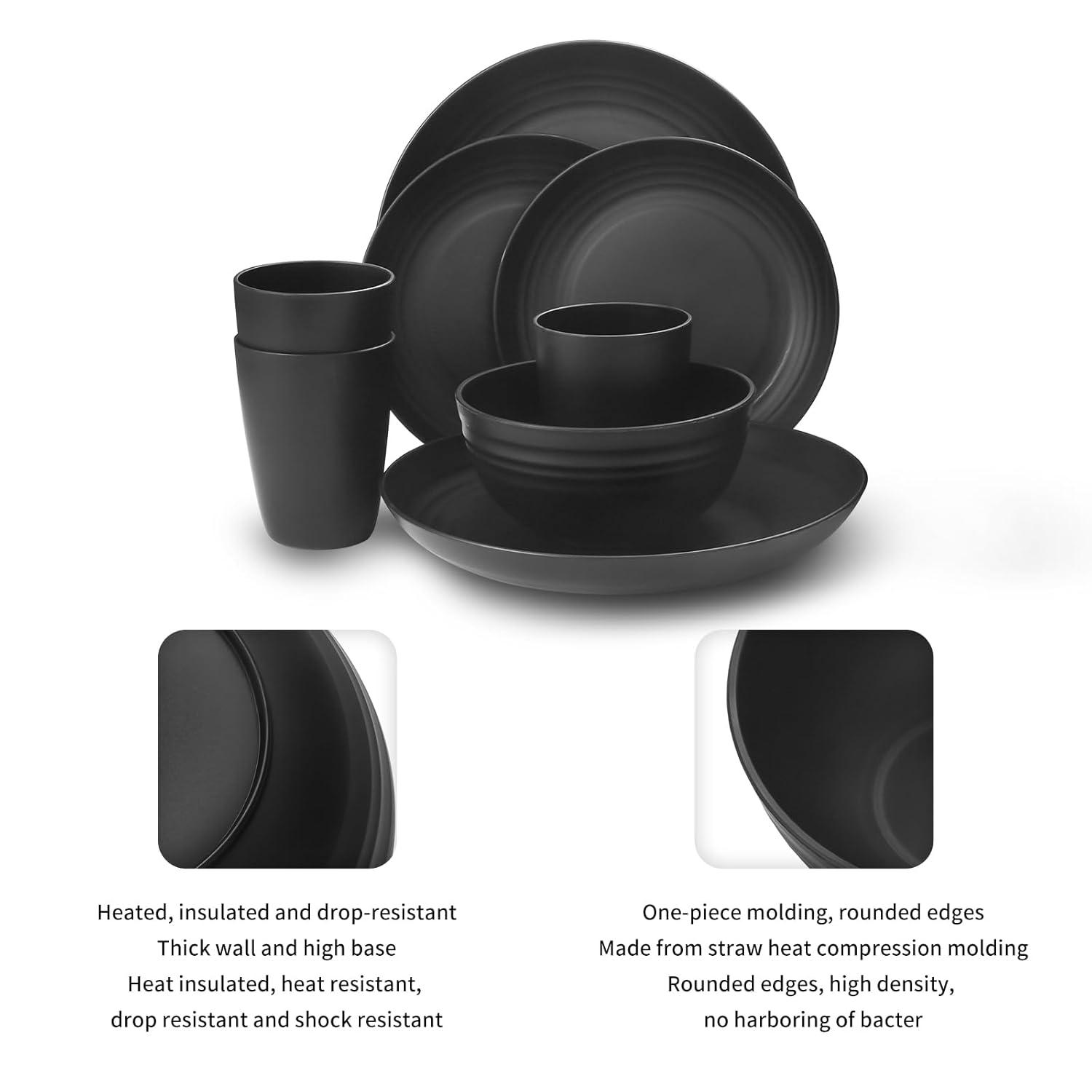 32 Pcs Wheat Straw Dinnerware Sets,Plastic Plates and Bowls Sets for 8,Unbreakable Dinnerware Set,Reusable Lightweight Black Dish Set for Kitchen,Camping,Party,RV,Dishwasher Microwave Safe