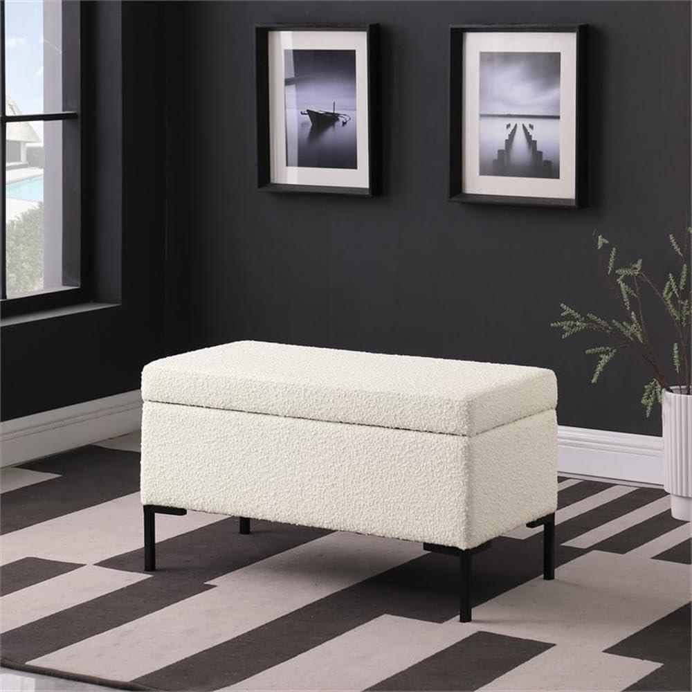 Medium Storage Bench with Metal Legs Cream Boucle - HomePop: Upholstered Rectangle for Modern Decor, Seats 2