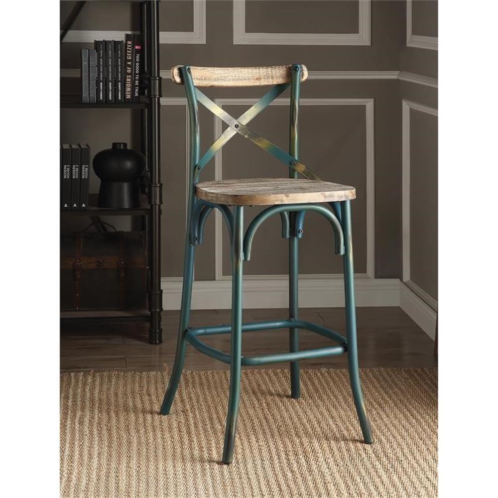 Acme Furniture Zaire Bar Chair in Antique Turquoise and Antique Oak Indoor
