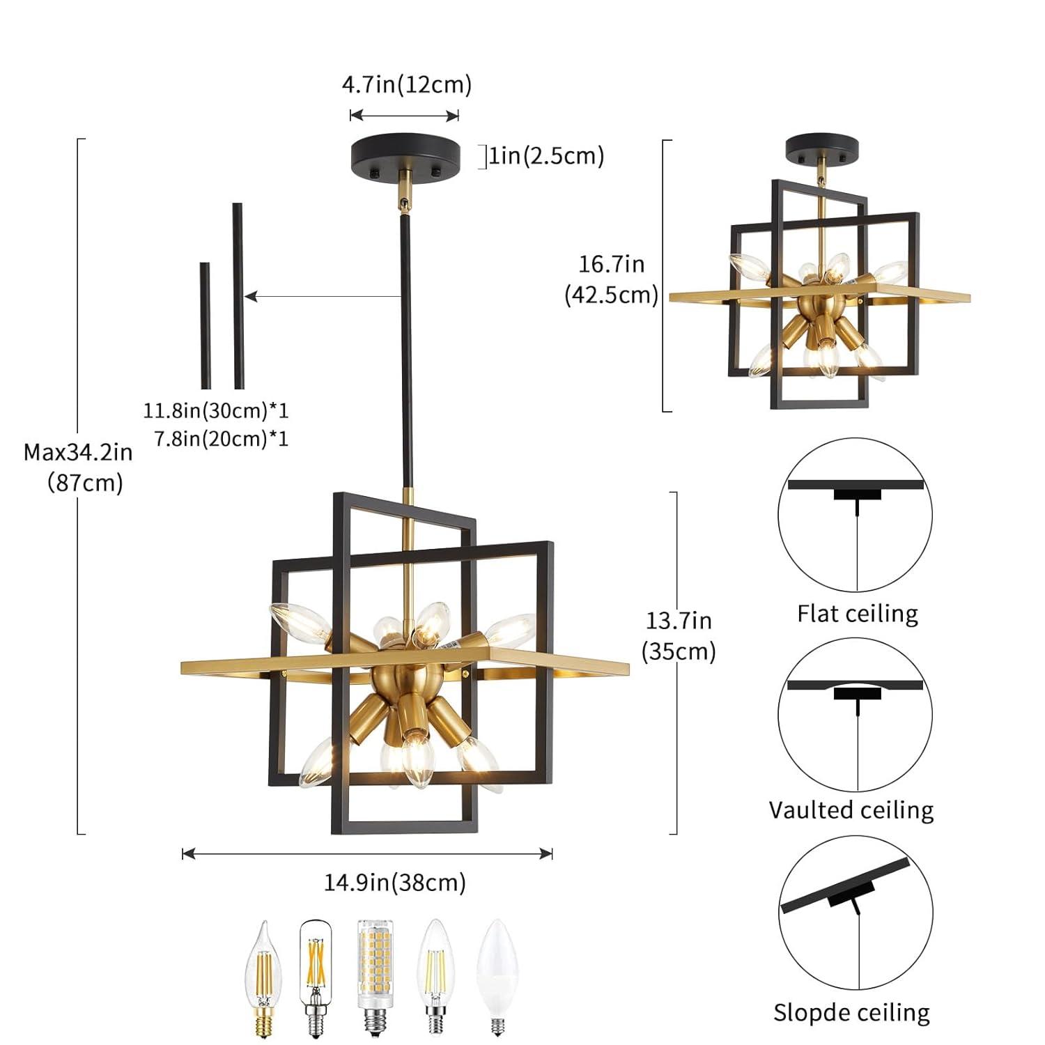 Modern Black and Gold Chandelier, 8-Light Geometric Pendant Light Fixture, Dining Light Fixtures Adjustable Chandelier for Dining Room Entryway Foyer Hallway Bedroom Living Room Kitchen Island