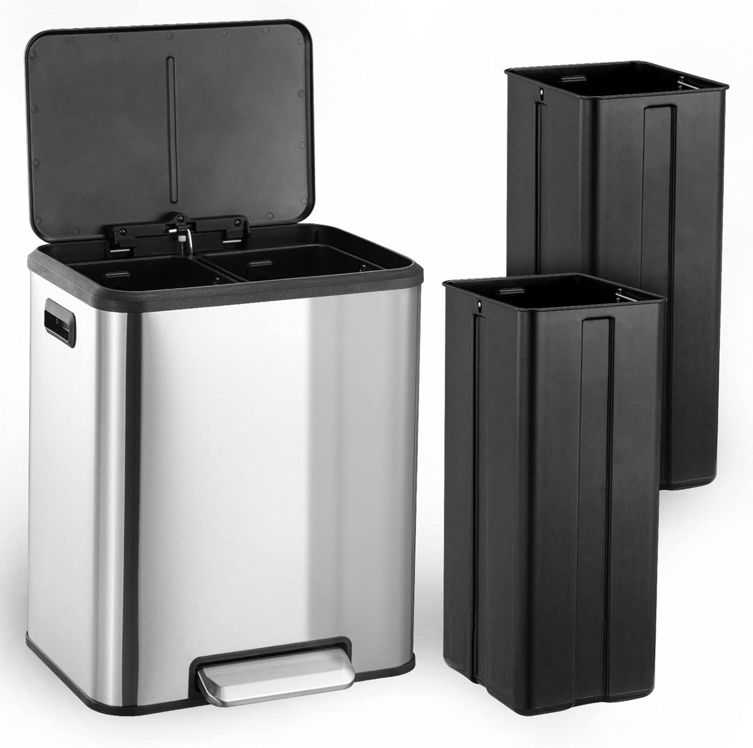 GlowSol Dual Trash Can for Recycling and Trash, Stainless Steel Kitchen Trash Can with Lid and Foot Pedal, Double Compartment Garbage Can, Trash Can with Recycling Bin (2 x 15 L)