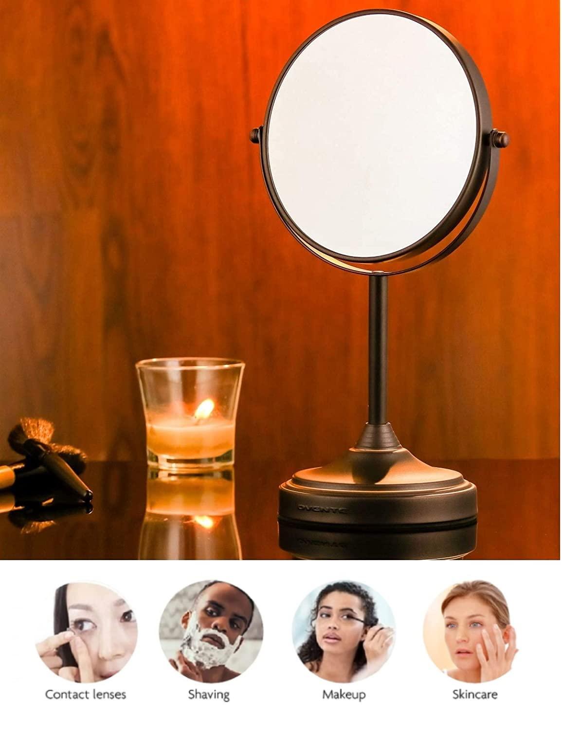 OVENTE 7'' Tabletop Makeup Mirror with 1X/7X Magnification, 360° Swivel Design and Double-Sided Free-Standing Vanity Mirror Perfect for Dresser, Bedroom and Office Desk, Antique Bronze MNLCT70ABZ1X7X