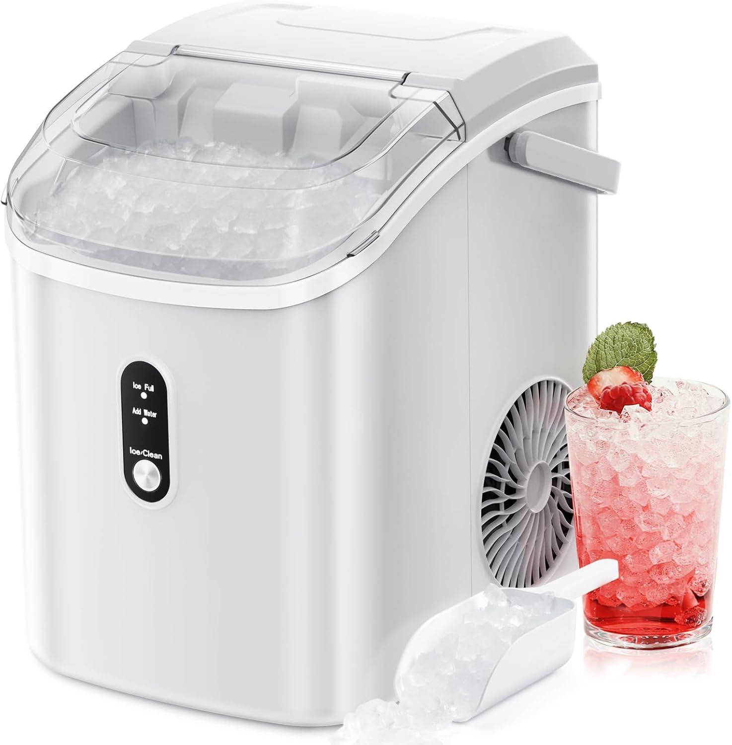 White Portable Countertop Nugget Ice Maker with Self-Cleaning