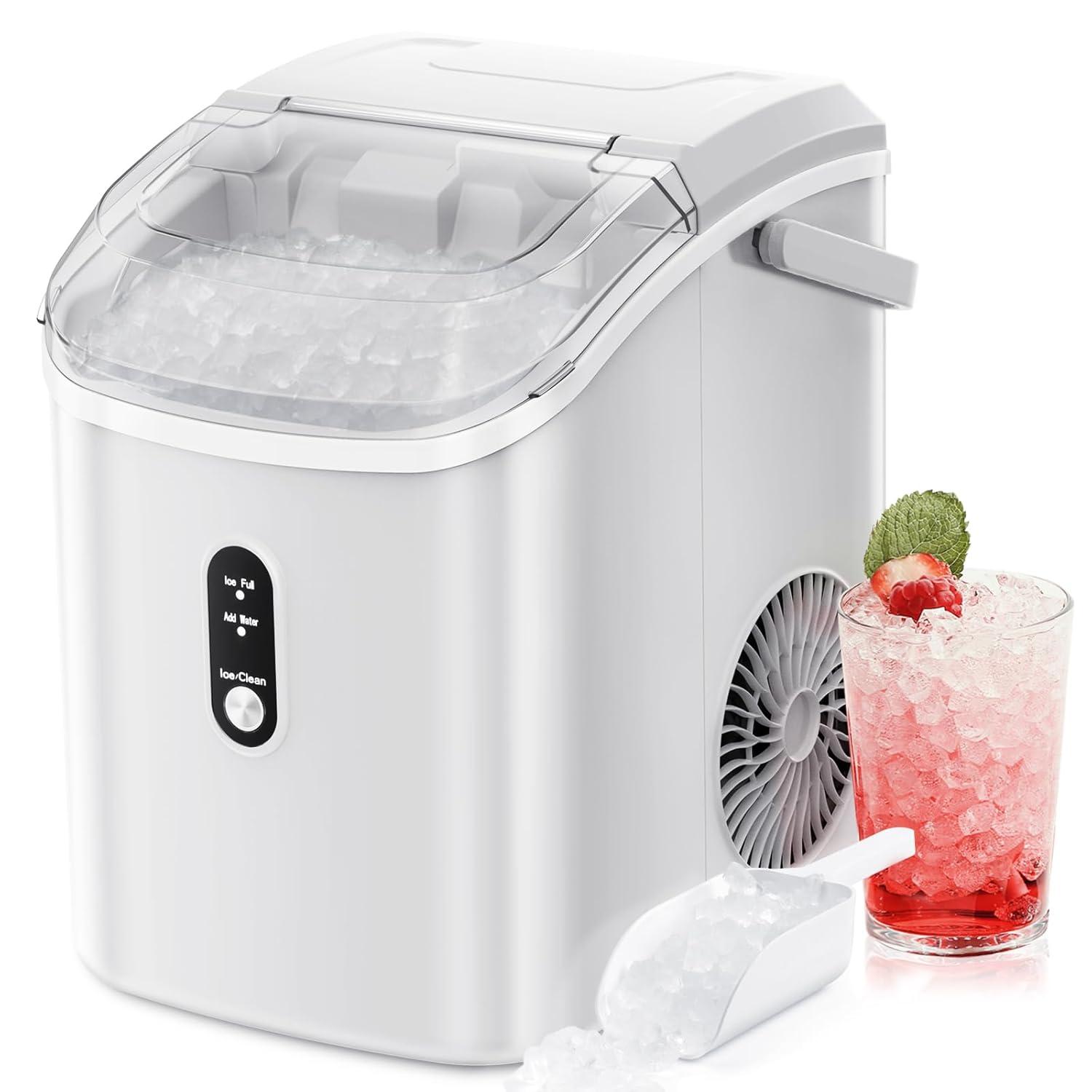 White Portable Countertop Nugget Ice Maker with Self-Cleaning