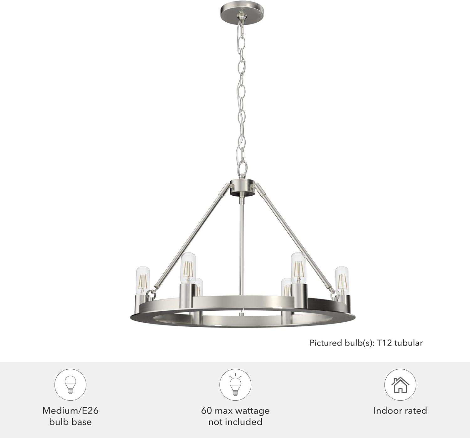 Hunter - Saddlewood 6-light Brushed Nickel, Large Chandelier, Dimmable, Casual Style, Wagon Wheel Shaped, for Bedrooms, Kitchens, Dining, Living Rooms - 19034